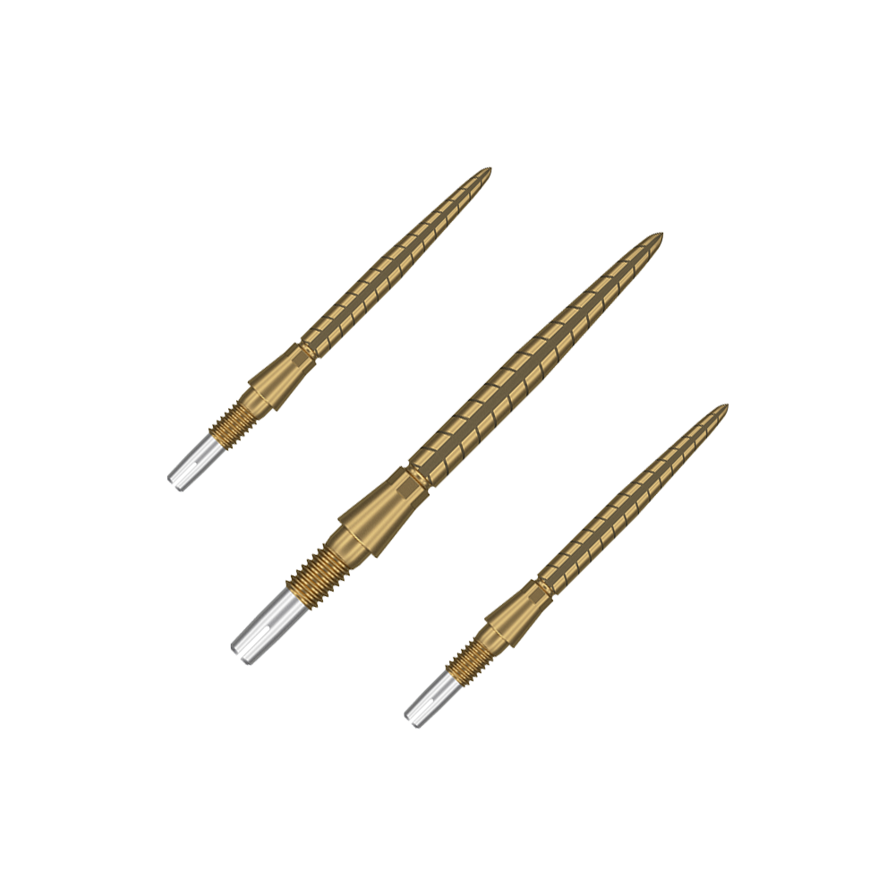 Pointes de fléchettes Target Swiss Storm Quartz - Or Auf dem Bild sind drei goldfarbene Dartspitzen zu sehen. Sie sind schlank, haben ein geriffeltes Design und haben vorne eine silberne Spitze.