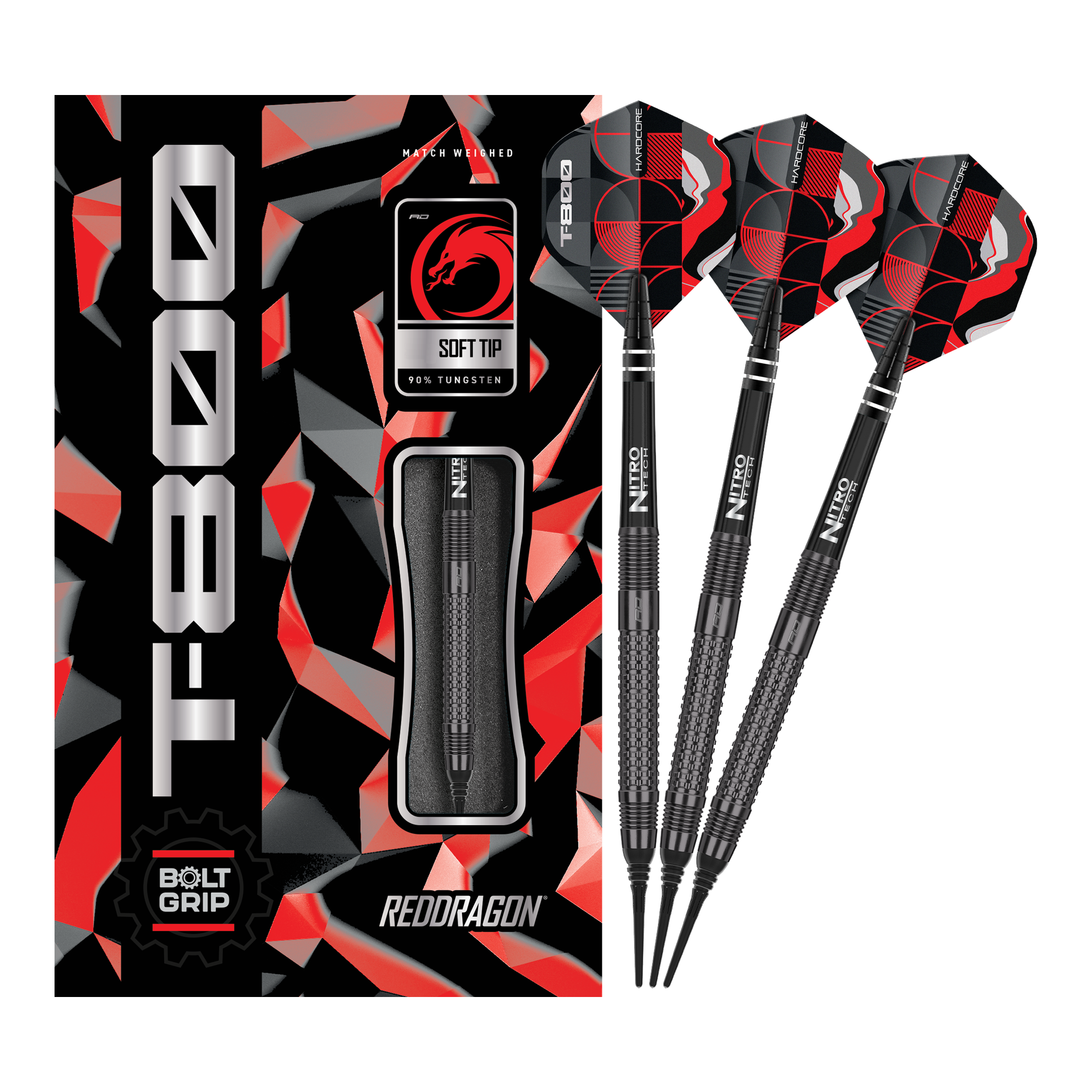 Fléchettes souples Red Dragon T-800 - 20 g Das Bild zeigt die Red Dragon T-800 Softdarts mit 20g Gewicht in einer schwarzen und roten Verpackung. Drei schwarze Softdarts mit roten und schwarzen Flights sind neben der Verpackung abgebildet.