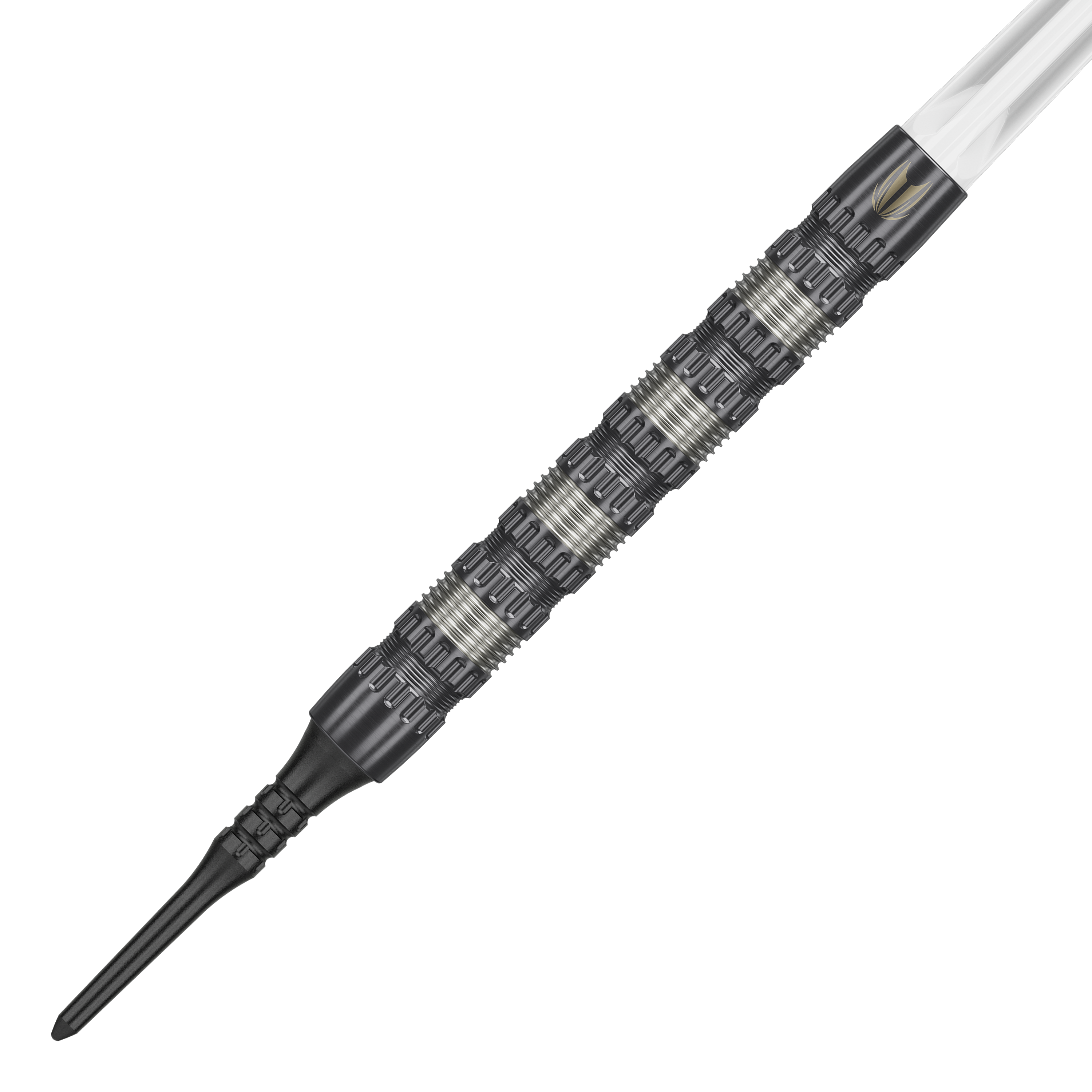 Fléchettes souples Target Rob Cross 95K Swiss Point - 18 g Das Bild zeigt einen Target Rob Cross 95K Swiss Point Softdart mit einem Gewicht von 18 Gramm. Der Dartpfeil hat ein markantes, silber-schwarzes Griffdesign und eine schwarze Softspitze.