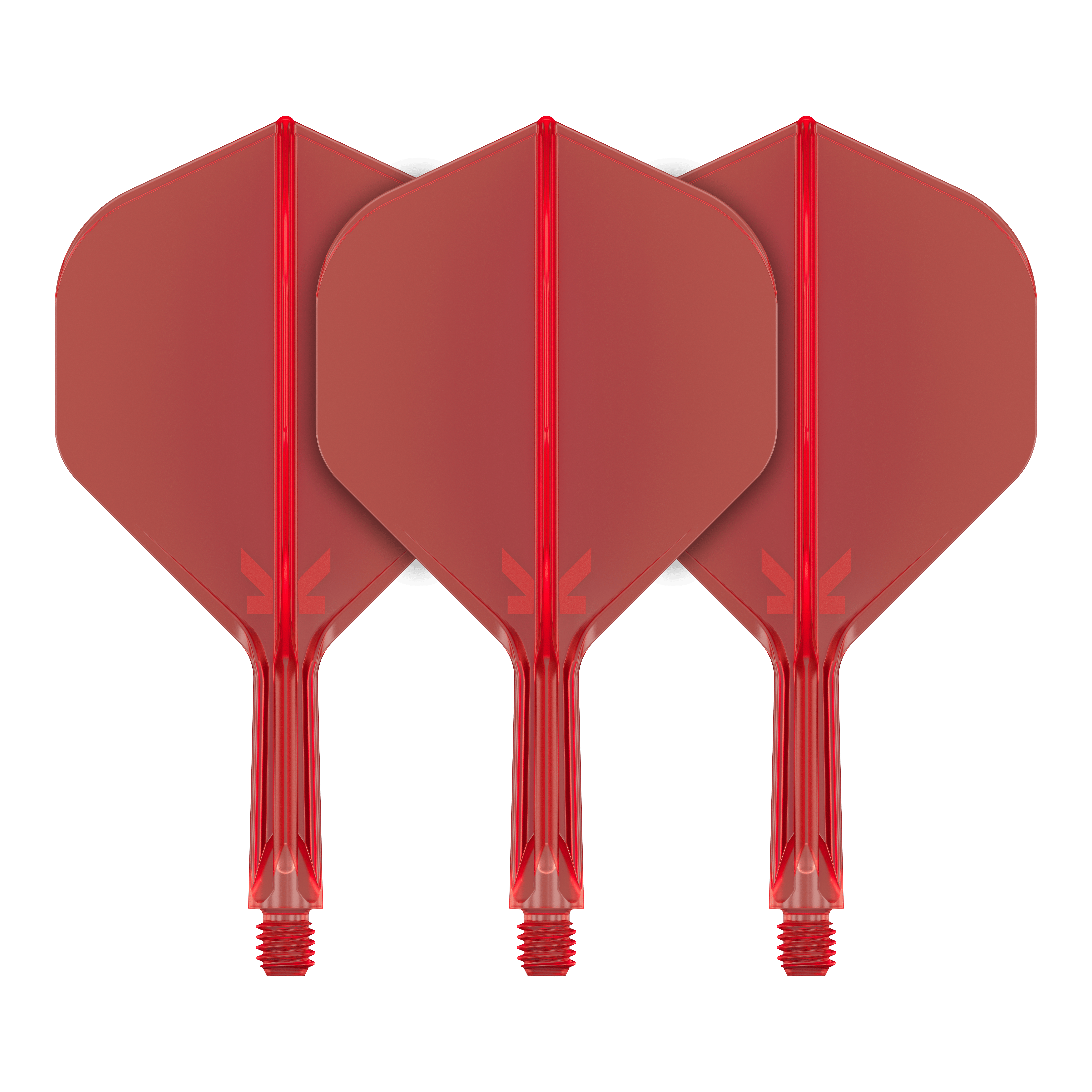 Système de vol standard Target K-Flex No2 - Rouge Auf dem Bild sind drei rote Dartflights mit befestigtem Schaft zu sehen. Sie stehen nebeneinander und haben eine standardmäßige Pfeilform.