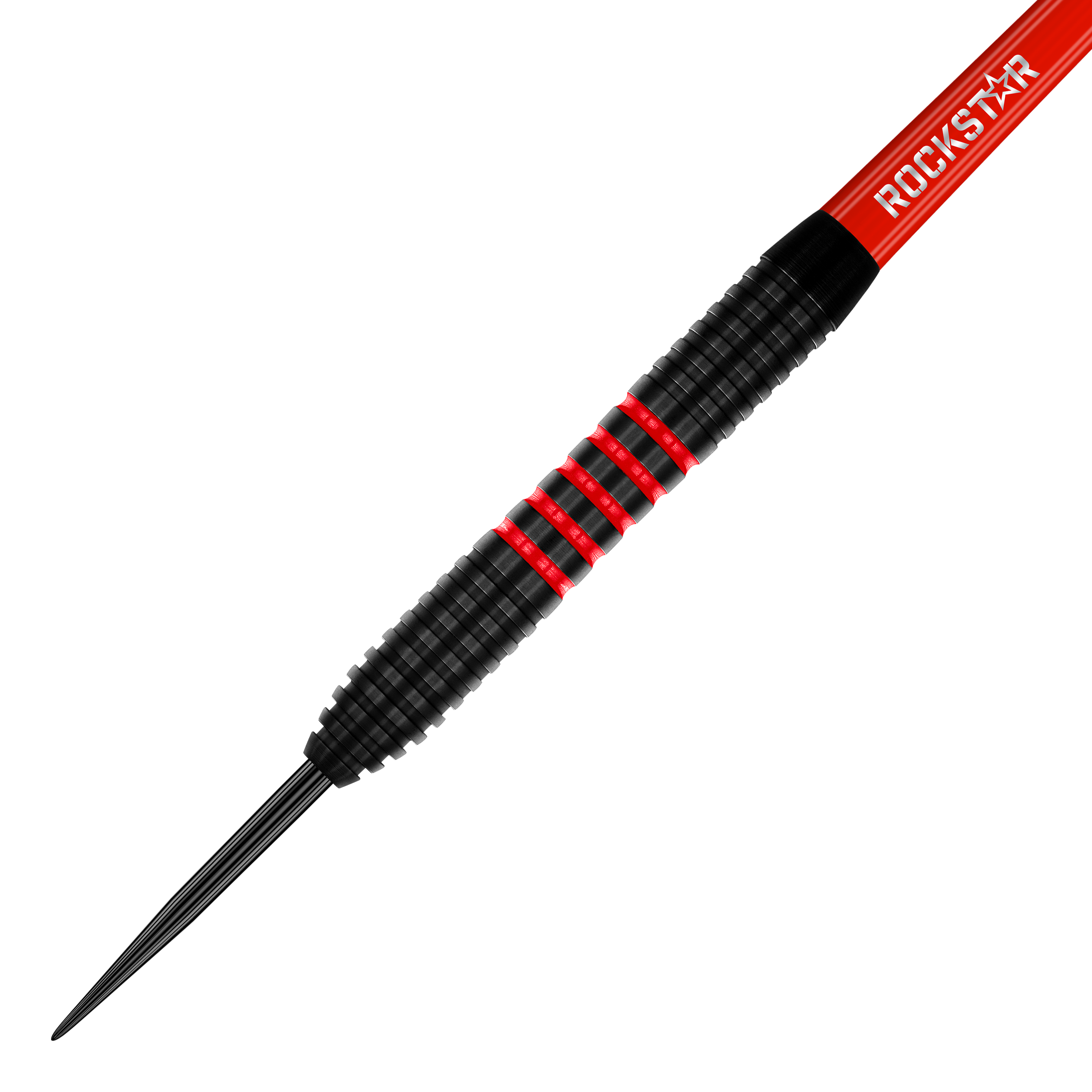 Fléchettes en acier Winmau Joe Cullen en laiton - 20 g Das Bild zeigt einen Winmau Joe Cullen Brass Steeldart mit einem Gewicht von 20g. Der Dart ist überwiegend schwarz mit roten Ringen und dem Schriftzug "ROCKSTAR" auf dem Schaft.