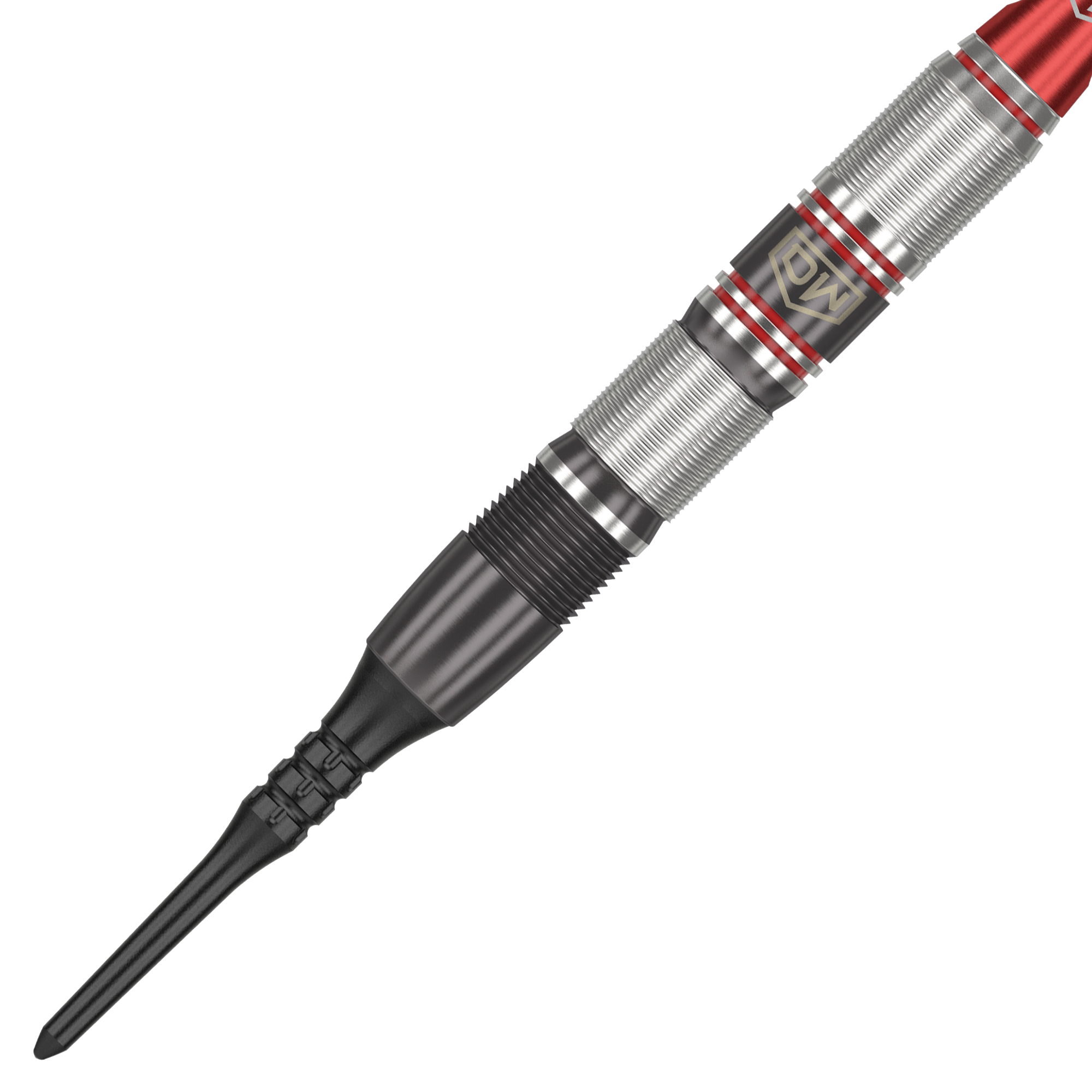 Fléchettes souples DW Piranha Razor 02 Das Bild zeigt einen DW Piranha Razor 02 Softdart mit einer schwarzen Spitze und silbernem, rot akzentuiertem Griff. Das Design wirkt hochwertig und sorgt für guten Halt beim Werfen.