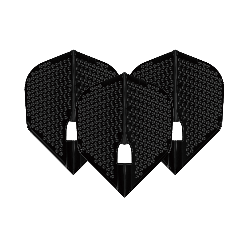 Vols de style L Dimple Champagne Forme L3PRO Das Bild zeigt drei schwarze L-Style Flights Dimple Champagne L3PRO Shape. Sie haben eine strukturierte Oberfläche mit kleinen runden Vertiefungen.