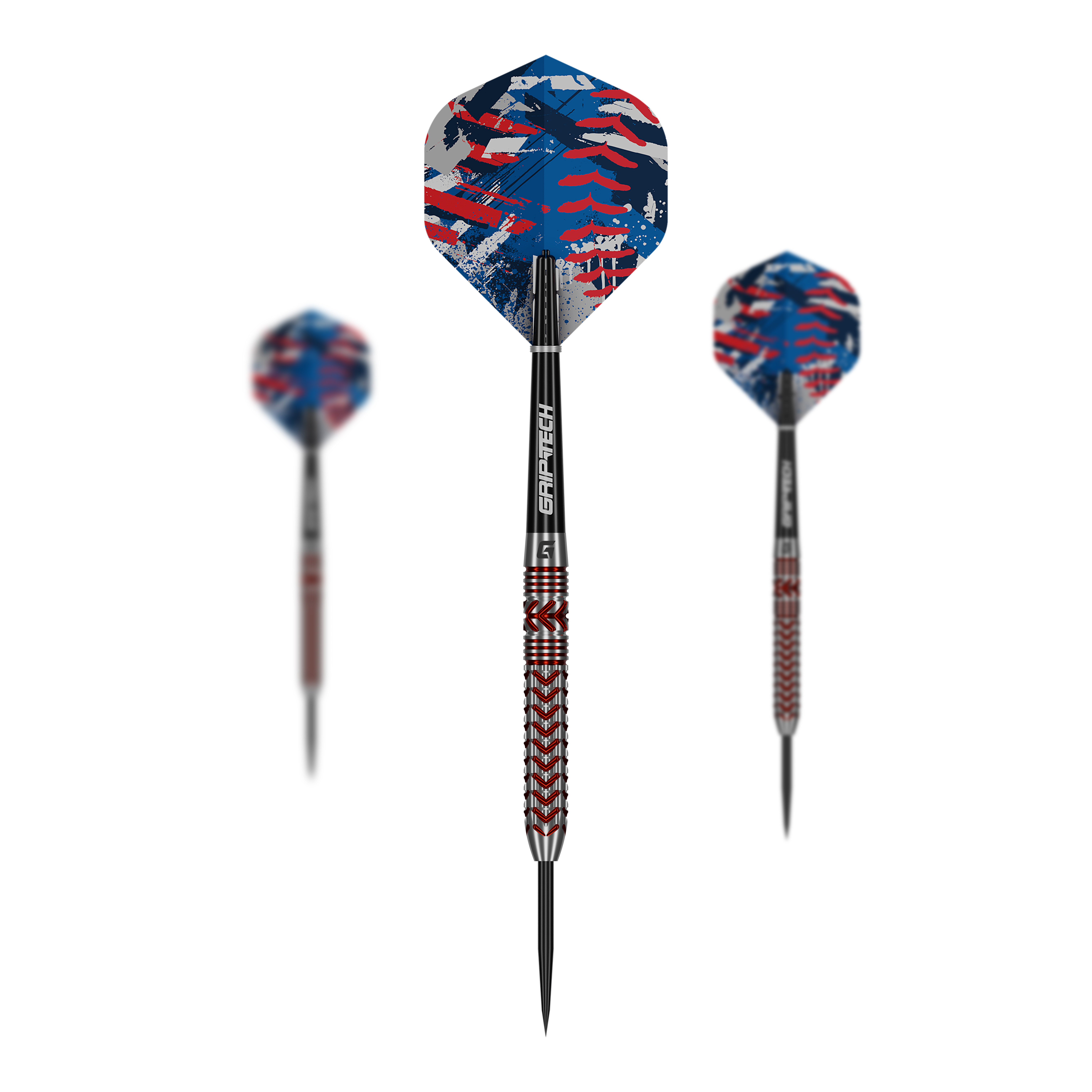 Fléchettes en acier GOAT Curveball Das Bild zeigt die GOAT Curveball Steeldarts. Drei Steeldarts sind nebeneinander dargestellt.