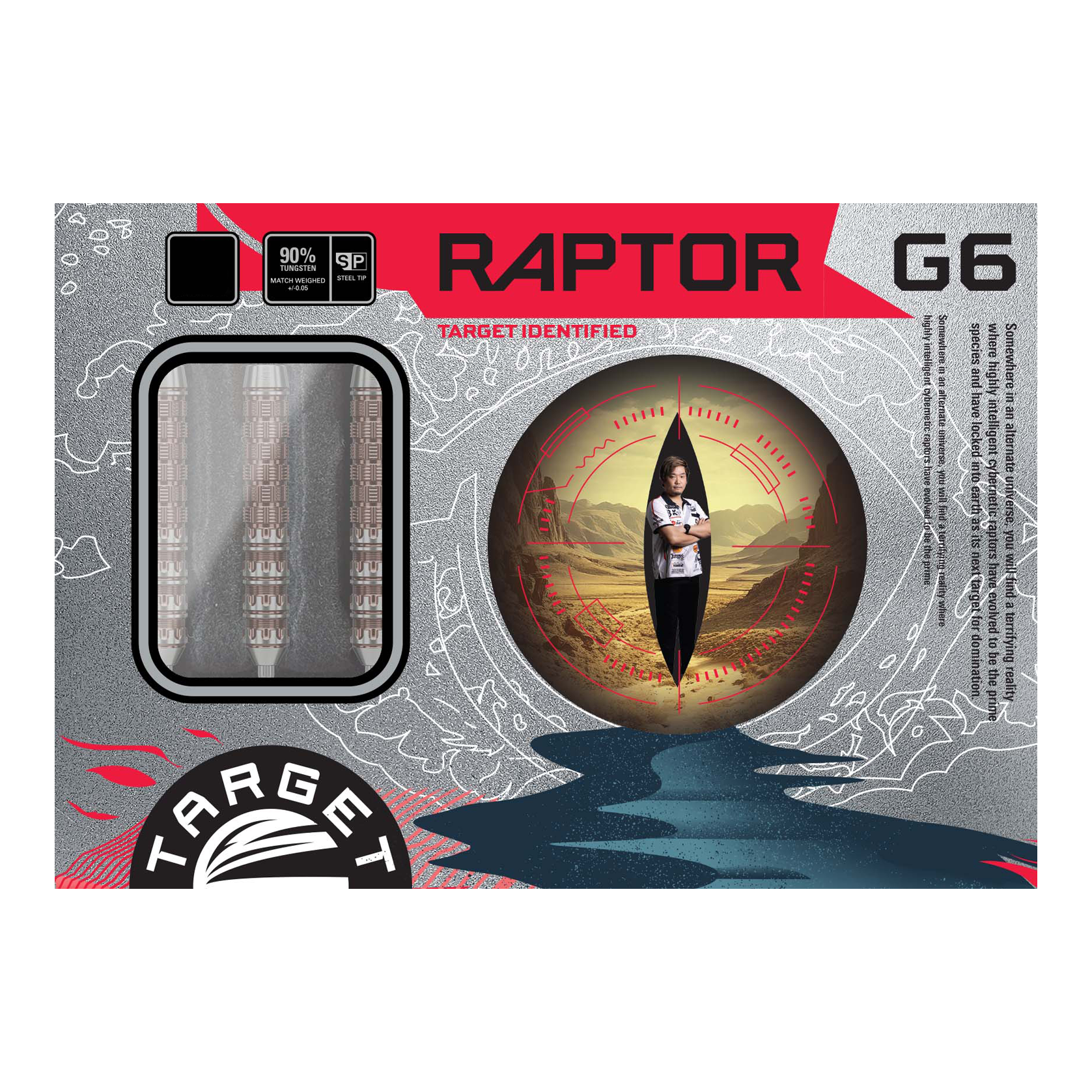 Abgebildet sind die Target Japan Prime Series George Nishitani Raptor GEN6 Swiss Point Steeldarts. Sie bieten ein professionelles Spielerlebnis.
