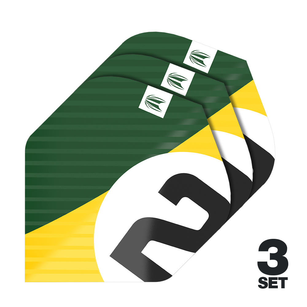 Volets standards Target Pro Ultra Chicane Green No2 - 3 jeux Das Bild zeigt drei Sets der Target Pro Ultra Chicane Green No2 Standard Flights. Die Flights sind grün mit gelben und weißen Akzenten sowie einer großen schwarzen „2“ bedruckt.