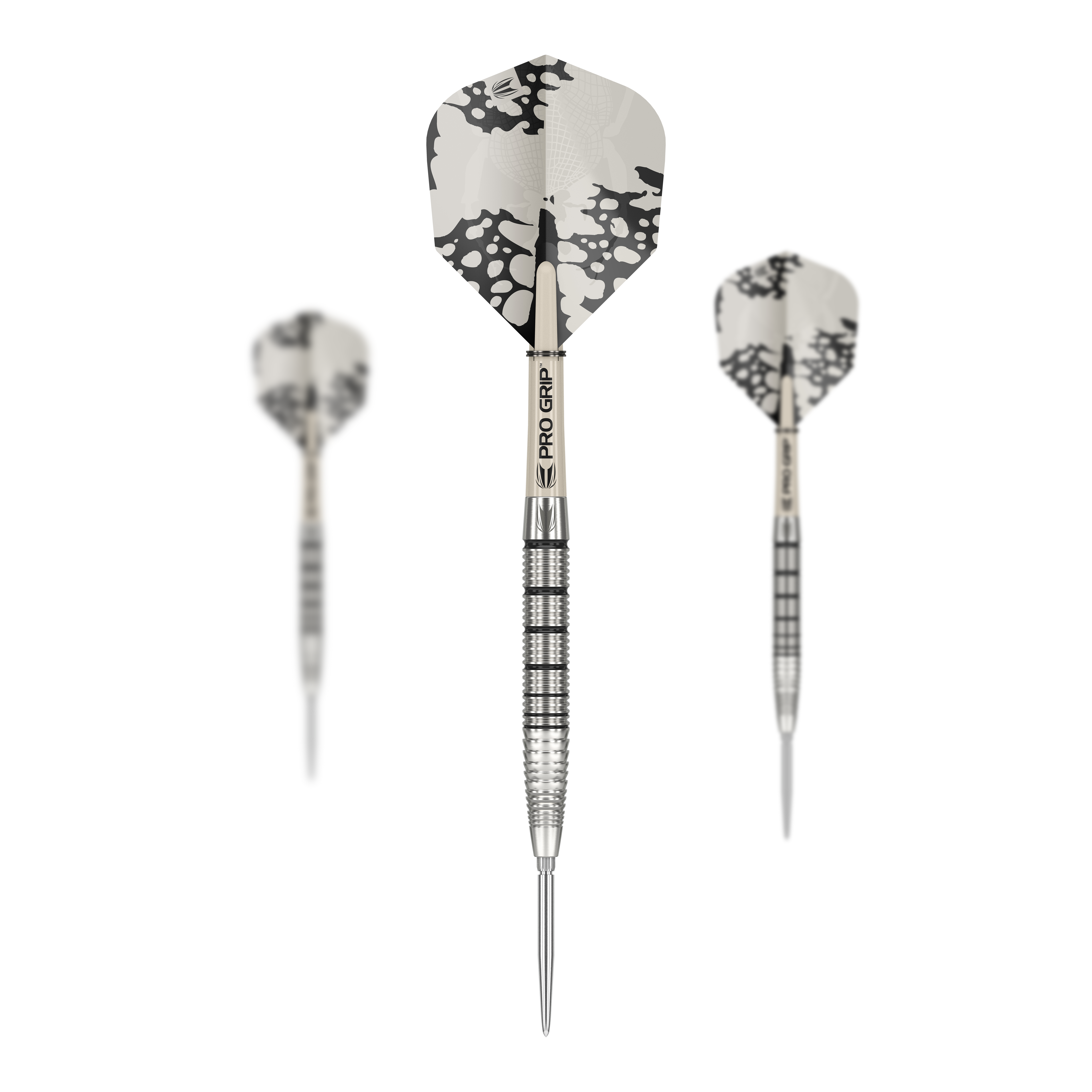 Fléchettes en acier Target EXO SP02 Swiss Point Das Bild zeigt drei Target EXO SP02 Swiss Point Steeldarts mit modernen, silbernen Flights. Die Darts haben einen geriffelten Griff und sind mit dem Schriftzug "PRO GRIP" versehen.