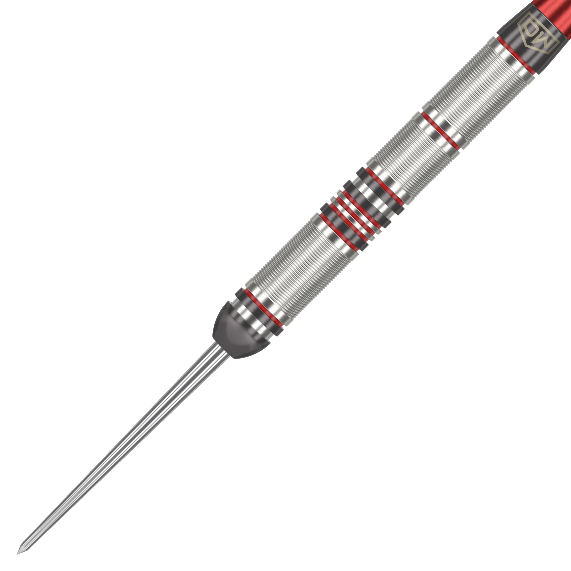 Fléchettes en acier DW Piranha Razor 01 Das Bild zeigt einen DW Piranha Razor 01 Steeldart. Der Dartpfeil ist silbern mit roten Akzenten und hat eine feine Griffstruktur.