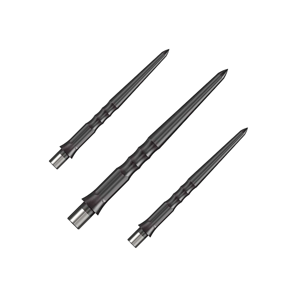 Pointes Caliburn System Steeldart - Ripple - NoLip - Noires Auf dem Bild sind drei schwarze Stahlspitzen für Dartpfeile zu sehen. Sie haben ein geriffeltes Design und sind 28 mm lang.