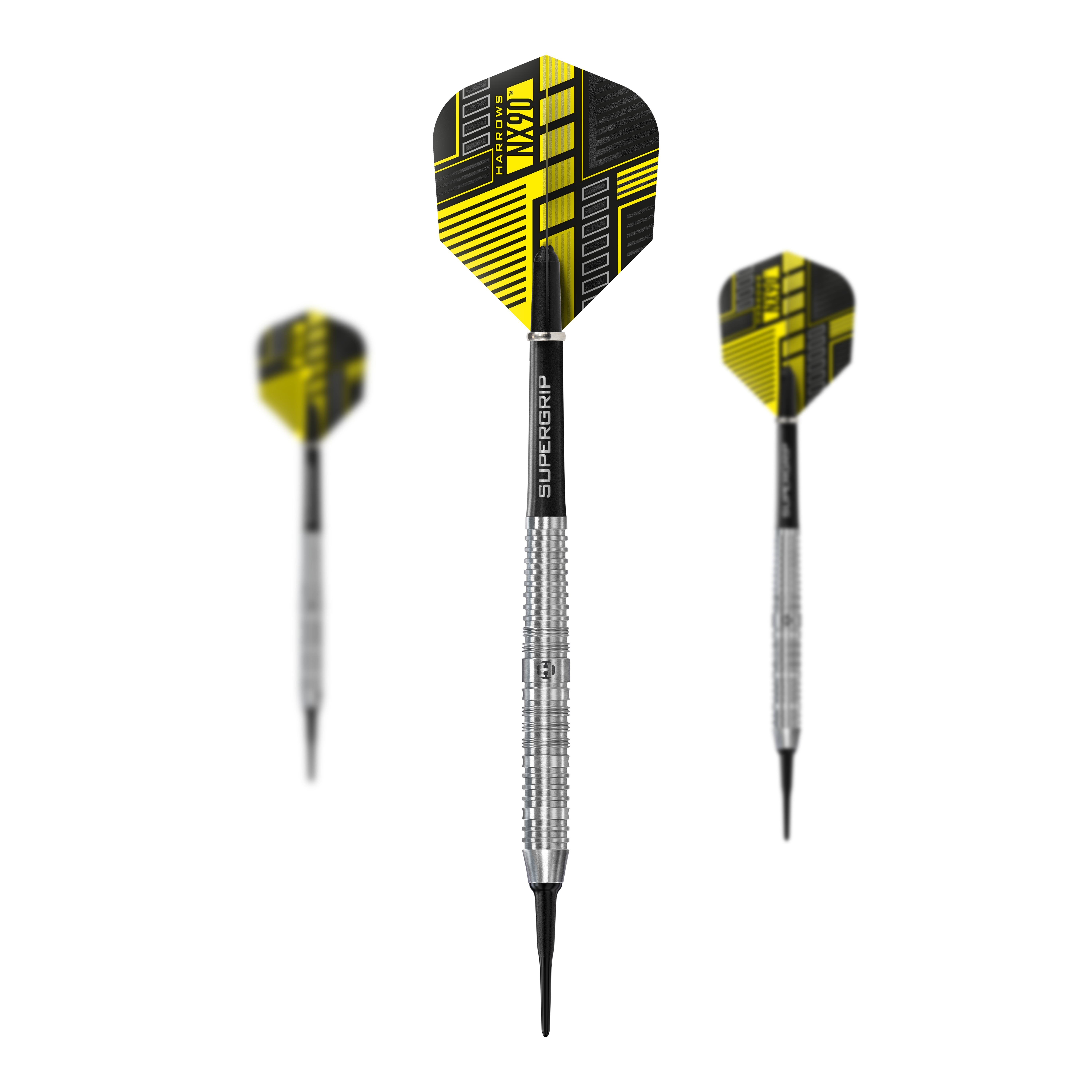 Fléchettes souples parallèles Harrows NX90 Das Bild zeigt drei Softdarts des Produkts "Harrows NX90 Parallel". Die Darts haben gelb-schwarze Flights und silberne, geriffelte Barrels.