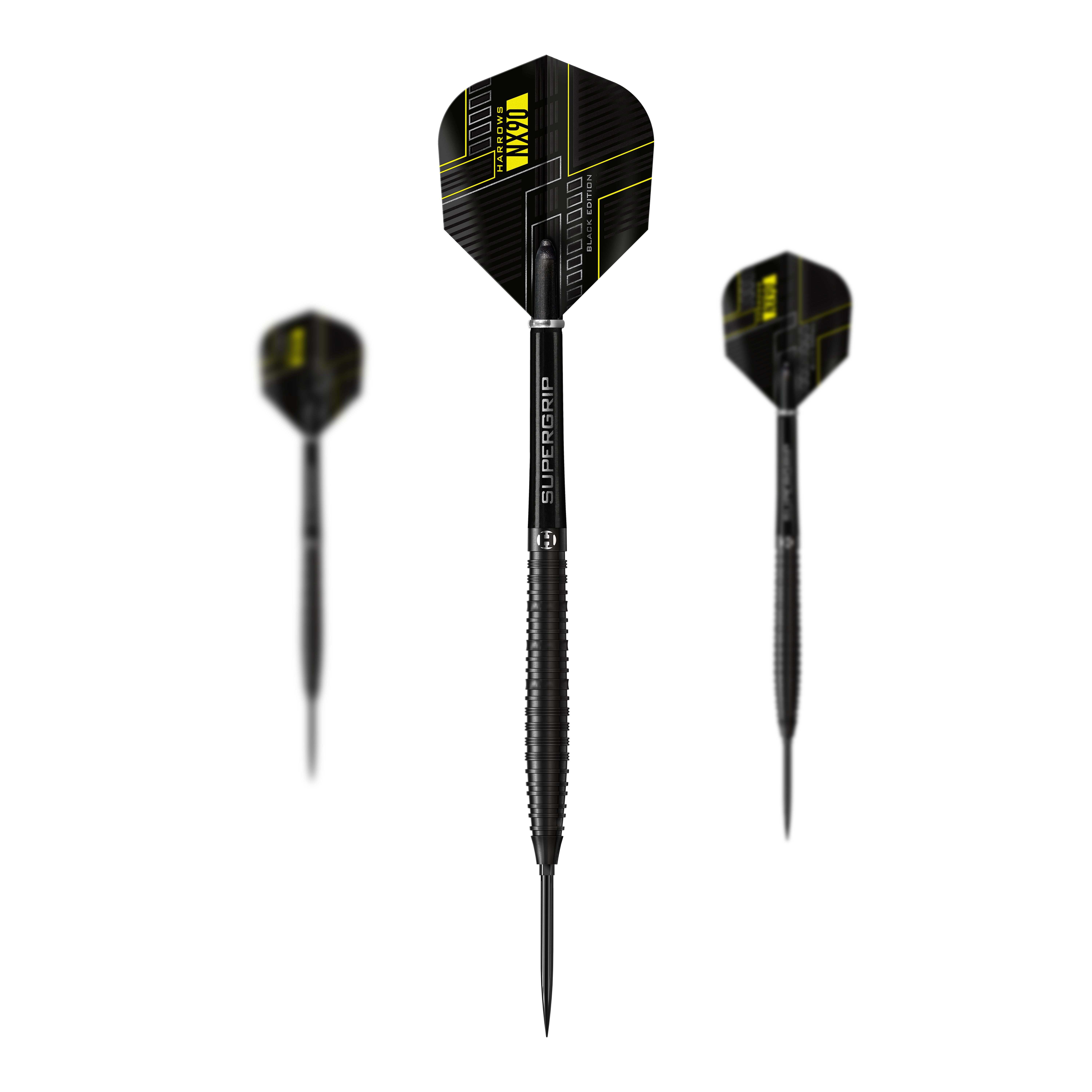 Fléchettes en acier Harrows NX90 Black Edition à pointe rapide conique Abgebildet sind die Harrows NX90 Black Edition Tapered Quick Point Steeldarts als Set. Das Bild zeigt die Zusammenstellung der Darts.