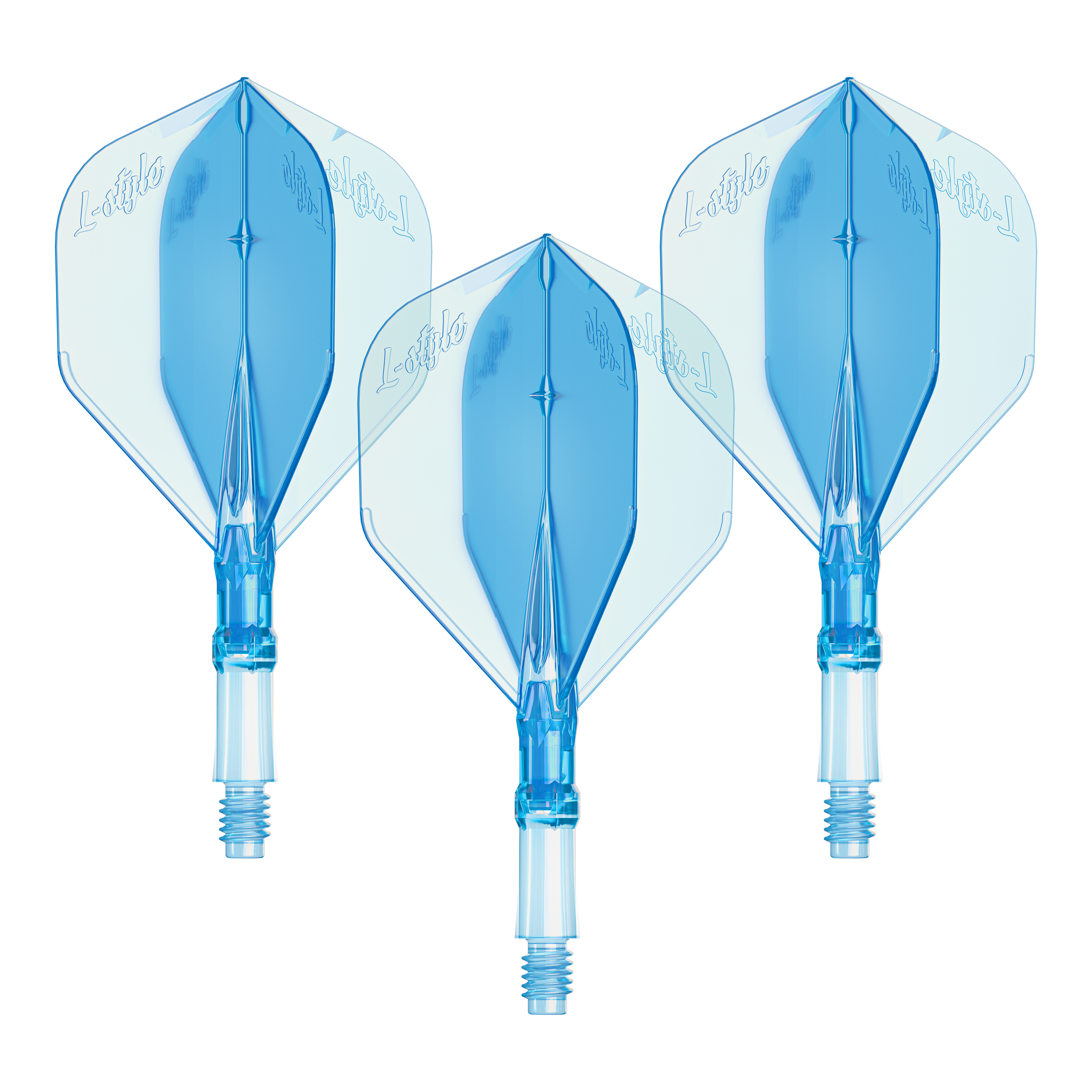 Vols L-L-Style-System - Bleu clair Dieses Bild zeigt ein Set von L-Style L-System Flights in klarer blauer Farbe, Größe Small. Es ist ein Zubehörteil für Dartpfeile.