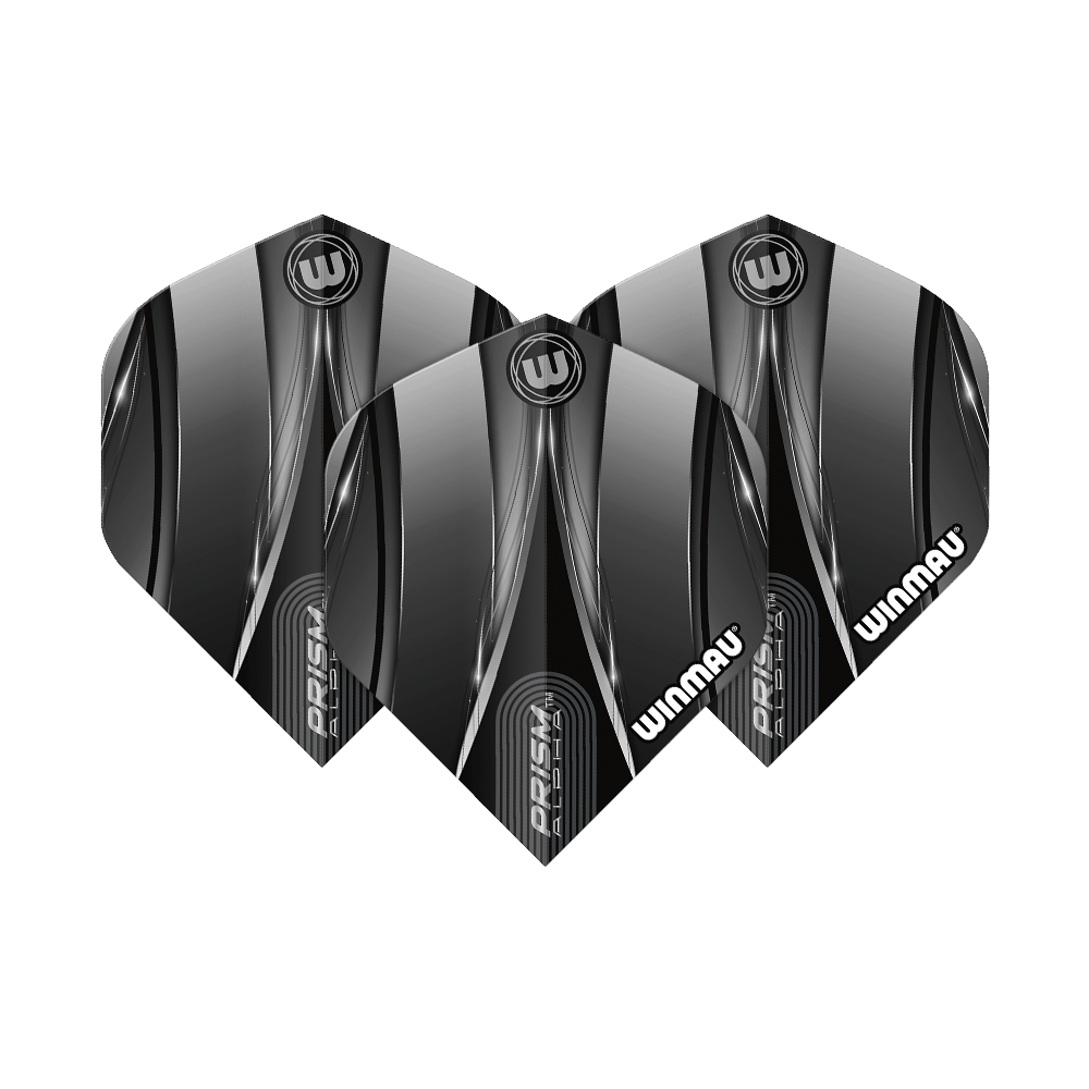Vols standard Winmau Alpha Sniper noirs Das Bild zeigt drei schwarze Dart-Flights der Marke Winmau mit dem Namen "Alpha Sniper". Die Flights haben ein modernes, glänzendes Design mit silbernen und weißen Akzenten.