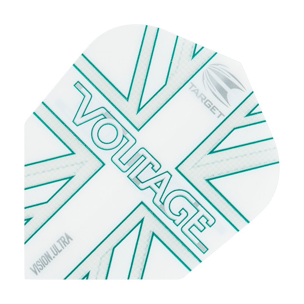 TG271_332850_Target_VisionUltra_Rob_Cross_Voltage_No6_Flights_1 Diese Abbildung zeigt ein Dart Flight des Modells "Target VisionUltra Rob Cross Voltage No6". Das Flight ist weiß mit grünen Linien und den Wörtern "VOLTAGE" sowie "TARGET" und "VISION ULTRA" darauf.