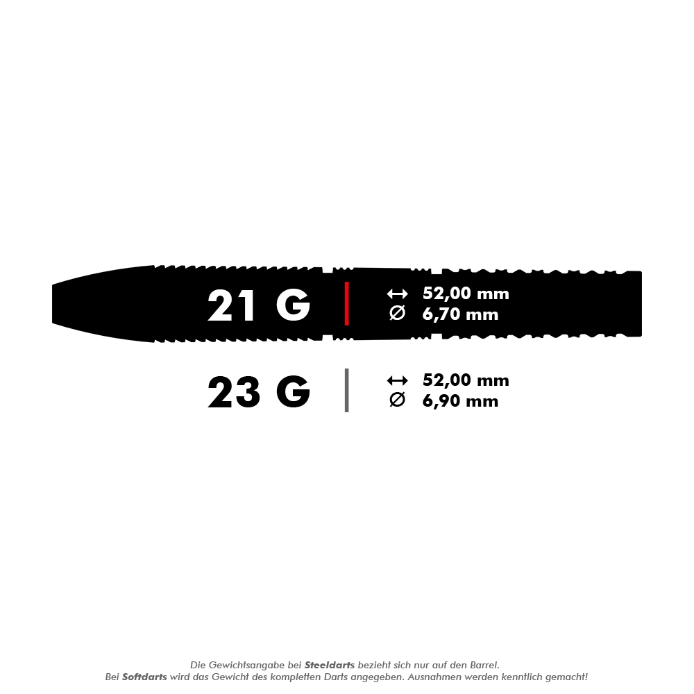 Fléchettes en acier Target Gabriel Clemens GEN2 Swiss Point Das Bild zeigt die technischen Daten von zwei Steeldarts mit 21 g und 23 g Gewicht. Die Längen und Durchmesser der Darts sind jeweils 52,00 mm x 6,70 mm und 52,00 mm x 6,90 mm.