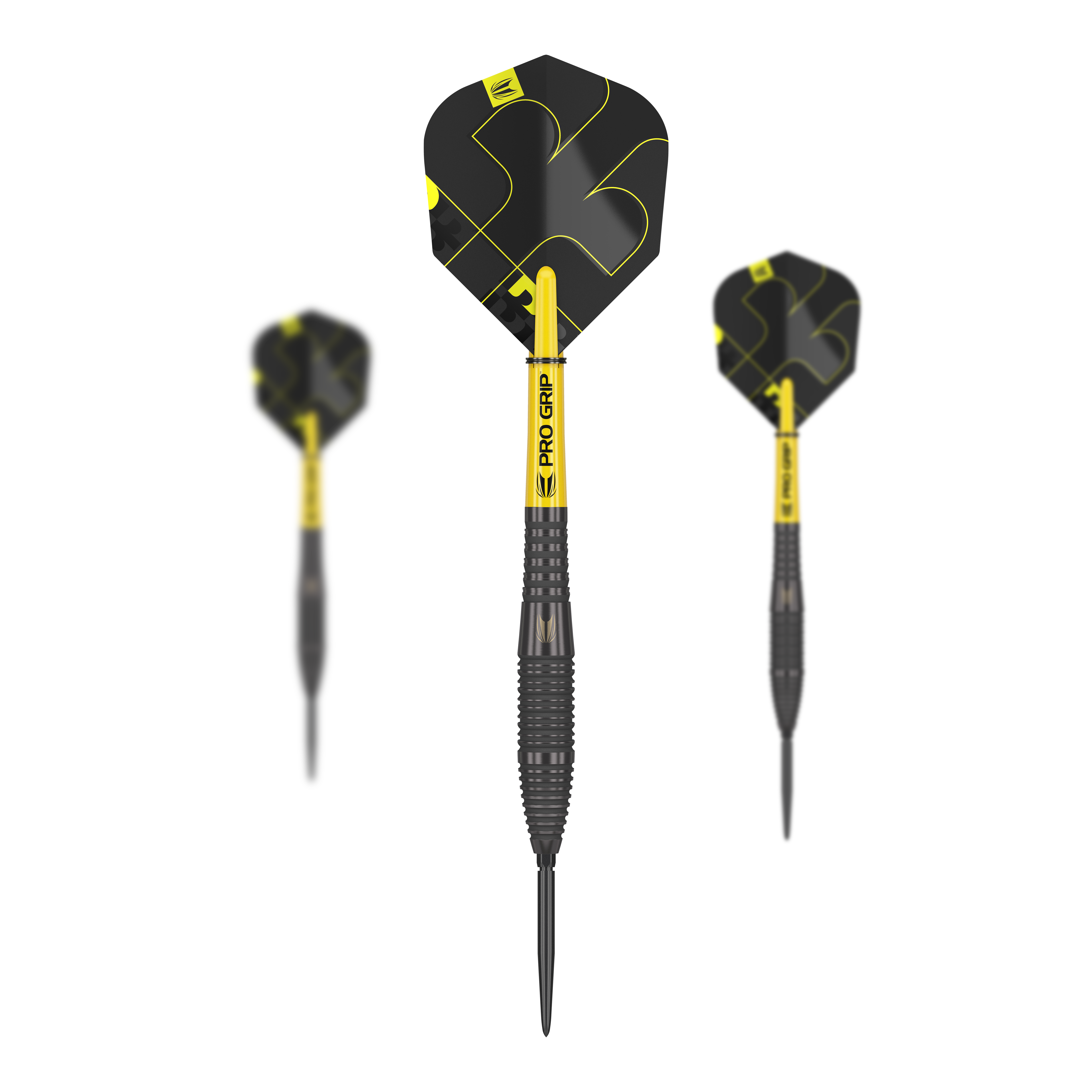Fléchettes en acier Target Bolide Void 05 Swiss Point Das Bild zeigt drei Target Bolide Void 05 Swiss Point Steeldarts. Die Darts haben ein schwarzes Design mit gelben Akzenten und der Aufschrift "Pro Grip" auf dem Schaft.