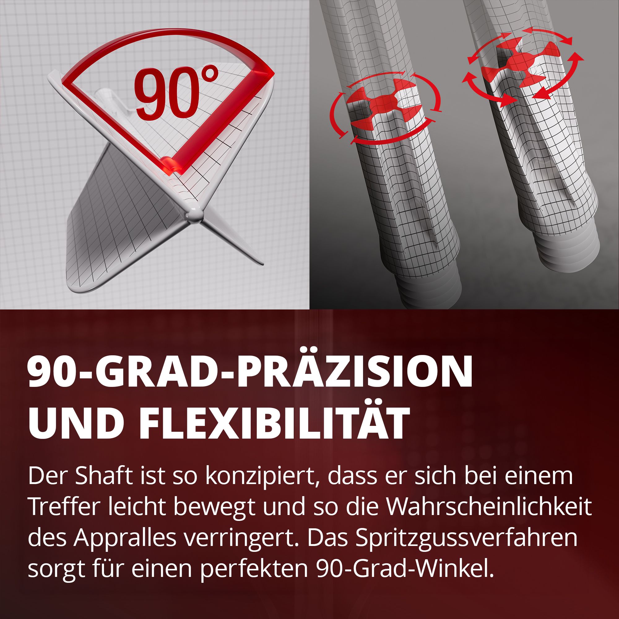 Système de tige de vol standard Target K-Flex Josh Rock n° 2 Das Bild zeigt eine Grafik mit einem 90-Grad-Winkel und einer flexiblen Bewegung von zwei Schäften. Darunter steht ein Text, der die Präzision und Flexibilität des Designs beschreibt.