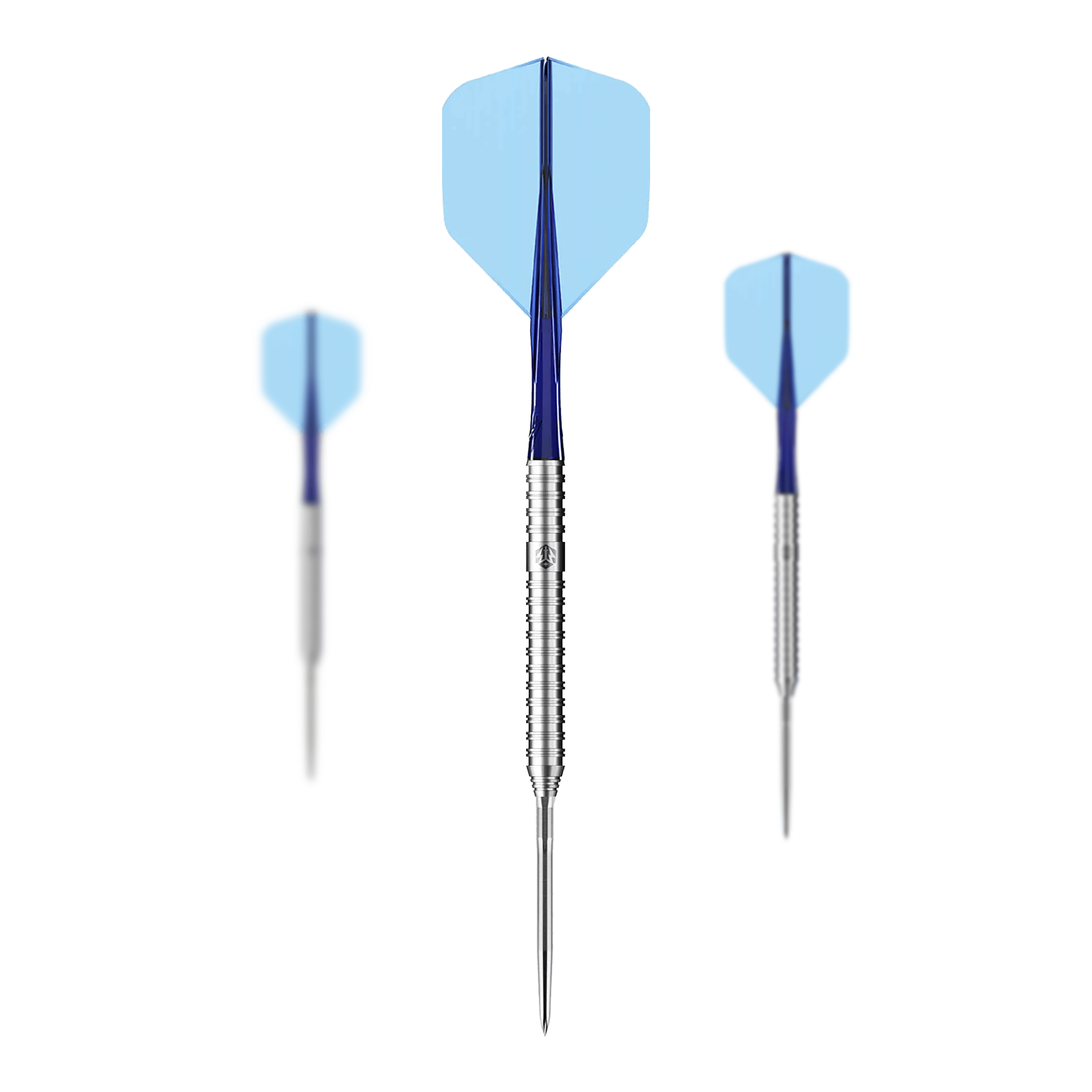 Fléchettes en acier Caliburn Forge F3 - 22 g Das Bild zeigt drei Caliburn Forge F3 Steeldarts mit einem Gewicht von 22g. Die Darts haben blaue Flights und silberne, gerillte Spitzen.