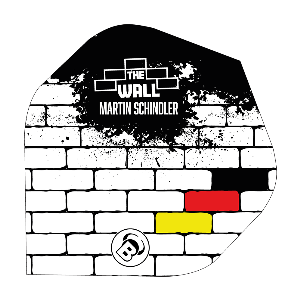 Bulls B-Star Martin Schindler Blanc No2 Vols Standard Das Bild zeigt ein Dart Flight mit einem weißen Ziegelmuster und schwarzen, roten und gelben Farbfeldern. Oben steht der Schriftzug "THE WALL MARTIN SCHINDLER".