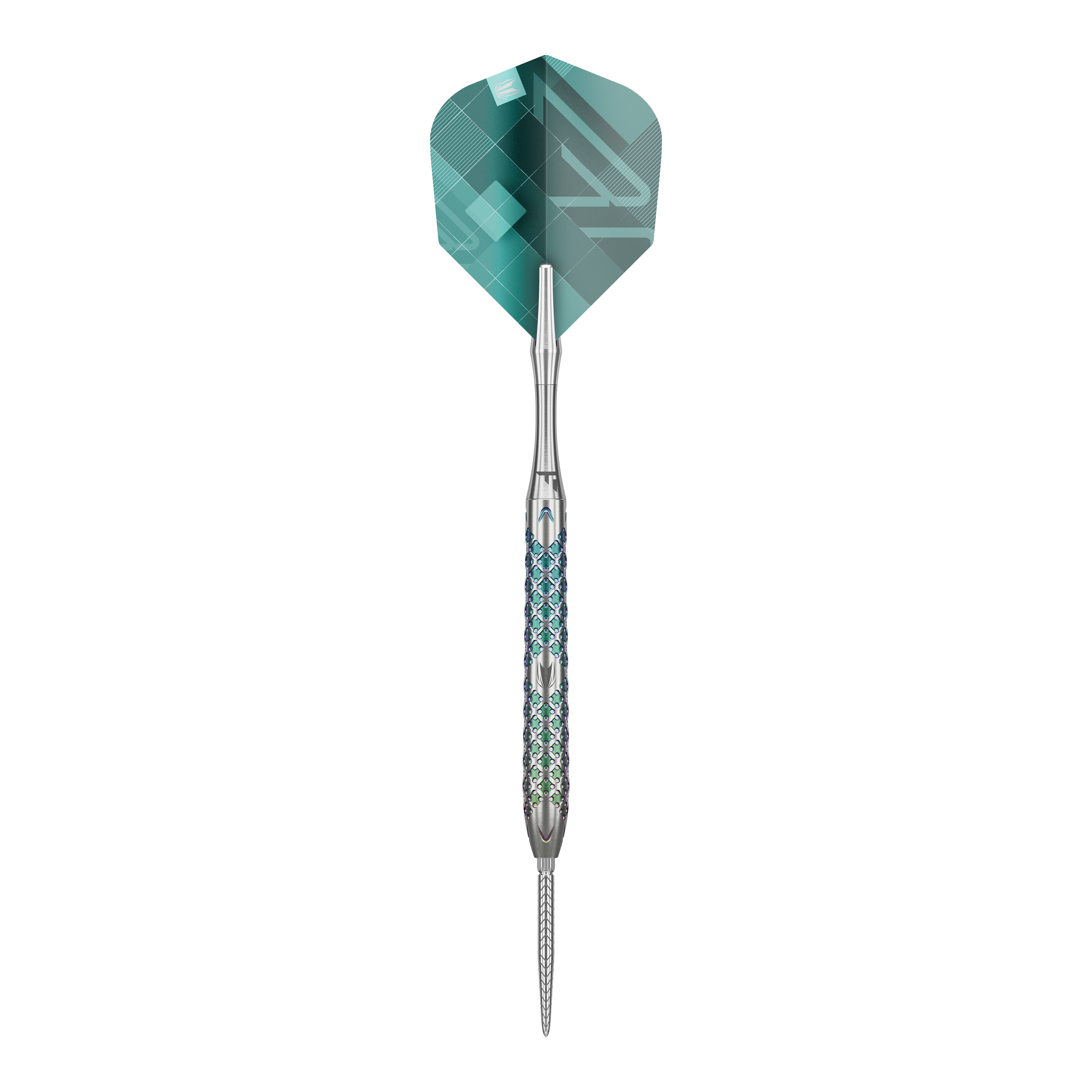 Fléchettes en acier Target Rove 03 Swiss Point Das Bild zeigt einen Target Rove 03 Swiss Point Steeldart. Der Dart hat ein silbernes Metallgehäuse mit blauen Akzenten und eine grüne Flight.