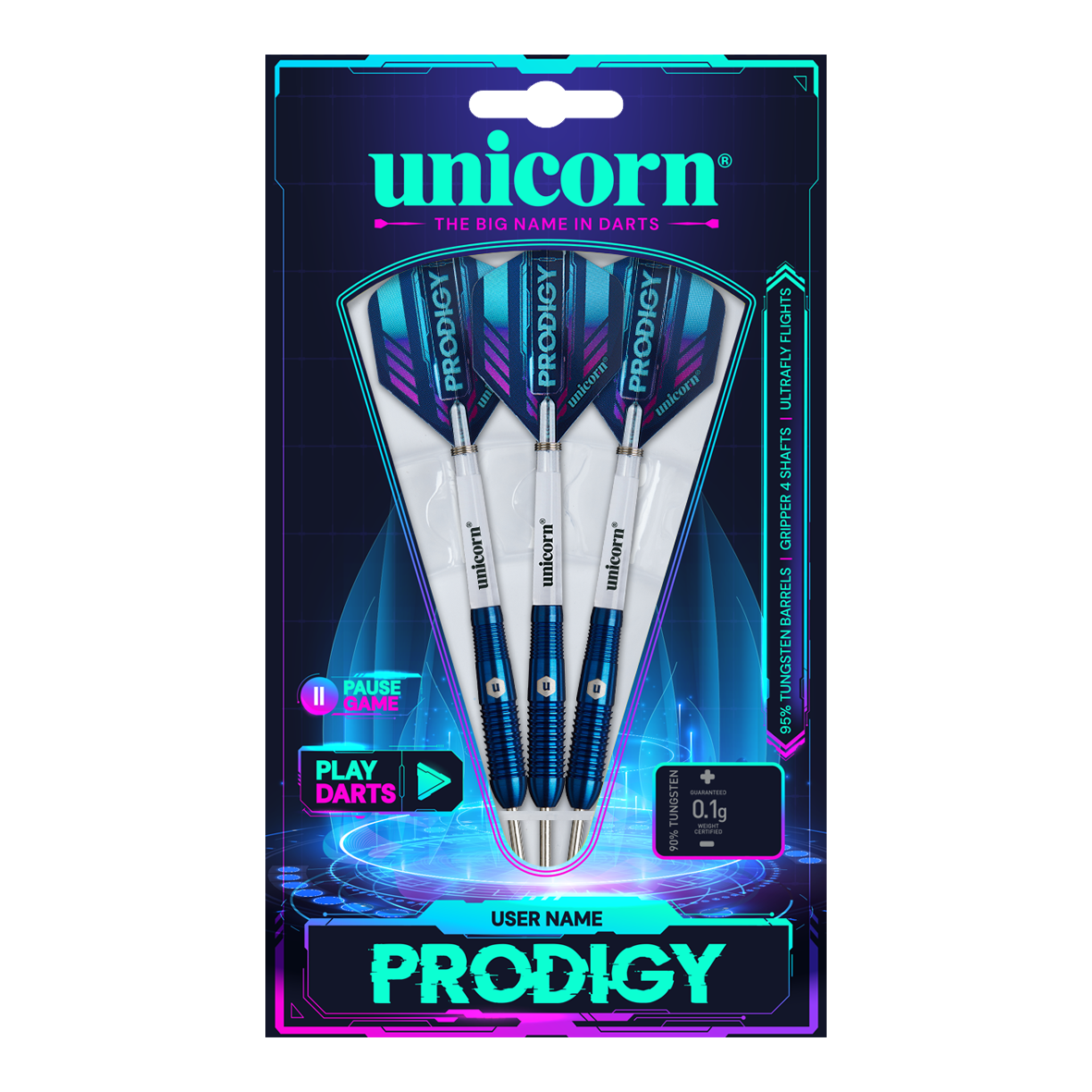 Fléchettes en acier Unicorn Prodigy 02 Torpedo Das Bild zeigt eine Packung mit drei Unicorn Prodigy 02 Torpedo Steeldarts. Die Verpackung ist farbenfroh gestaltet und hebt das Produkt und den Markennamen hervor.