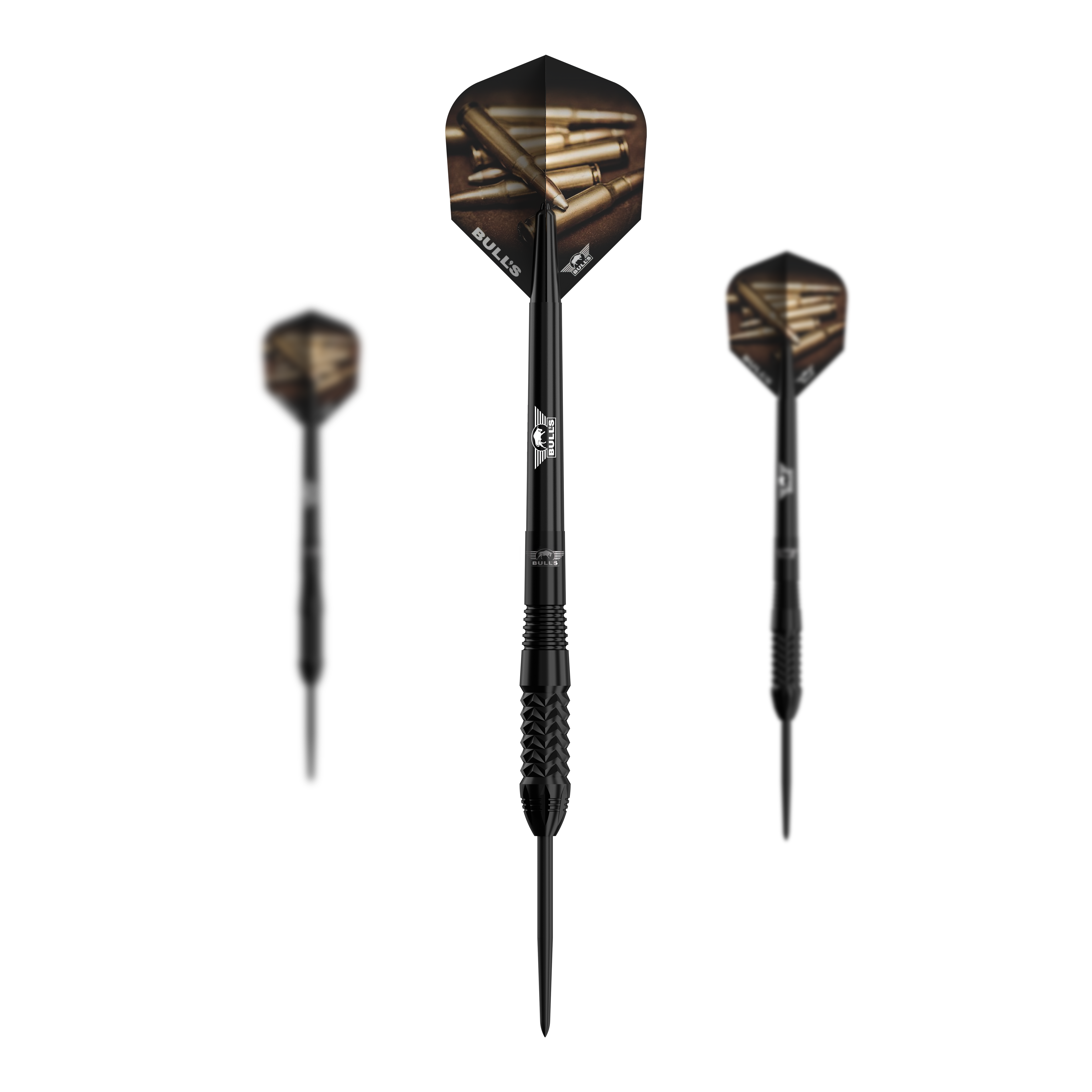 Fléchettes en acier noir Bulls NL Caliber Das Bild zeigt drei schwarze Steeldarts des Modells "Bulls NL Caliber". Die Flights der Darts haben ein Muster mit Patronenhülsen und das Design ist insgesamt modern und sportlich.