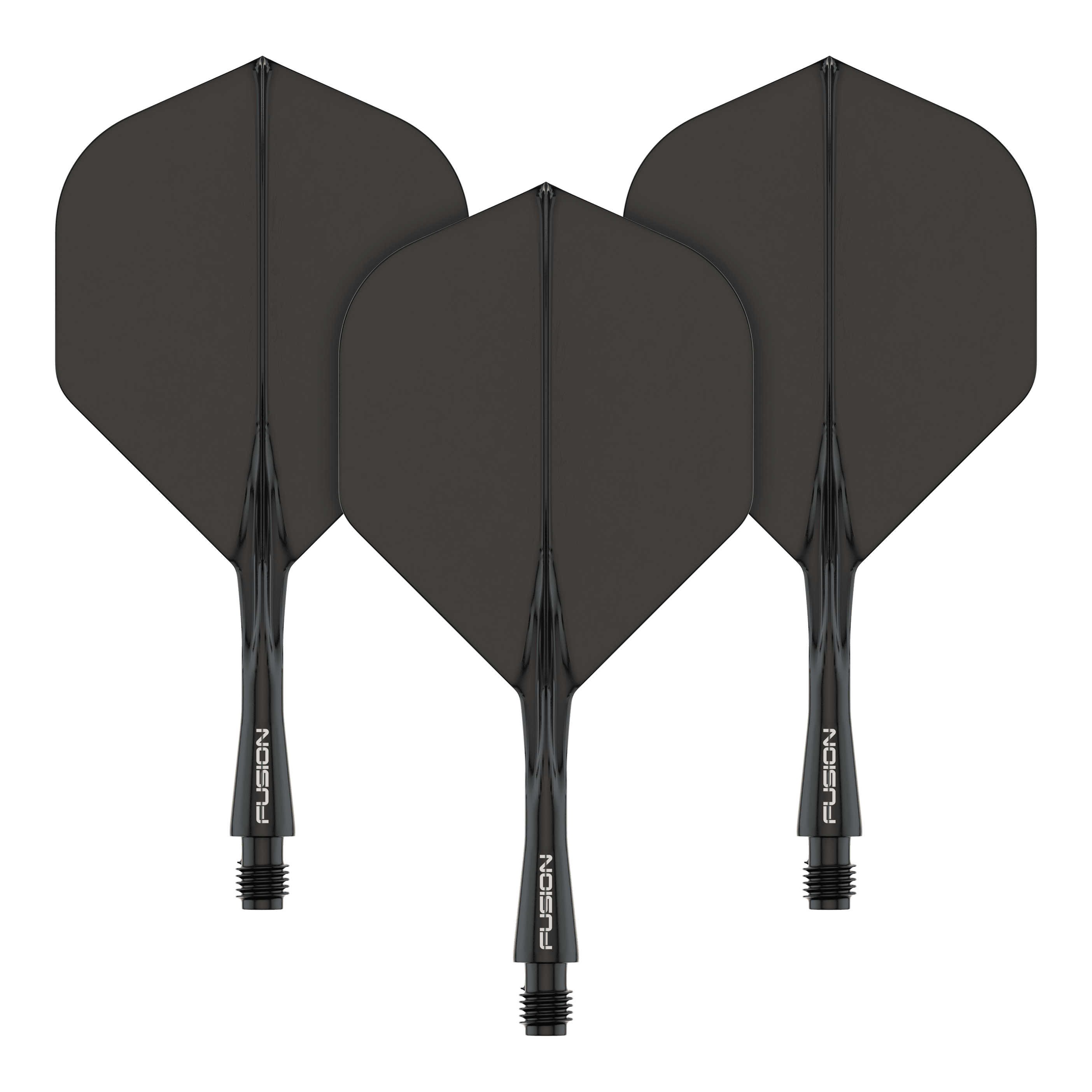 Système d'arbre de vol Winmau Fusion Standard Noir Das Bild zeigt drei schwarze Dartflights mit integrierten Schäften. Auf den Schäften steht das Wort "FUSION" in weißer Schrift.