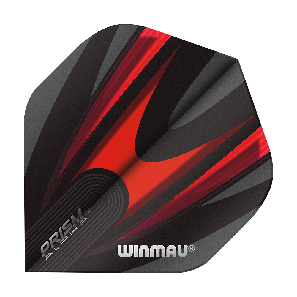 6915-167_Winmau_Prism_Alpha_6915-167_Standard_Flights_18nBaKODMf06sK Dies ist ein Winmau Prism Alpha 6915.167 Standard Flight für Darts. Das Flight hat ein auffälliges Design in Schwarz und Rot mit dem Winmau-Logo darauf.