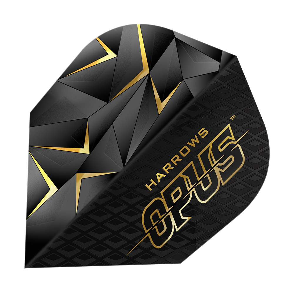 Vols de Harrow's Opus Version 3 Das Bild zeigt ein Harrows Opus Version 3 Flight für Dartpfeile. Das Flight ist schwarz mit goldenen geometrischen Mustern und dem Schriftzug "Harrows Opus".
