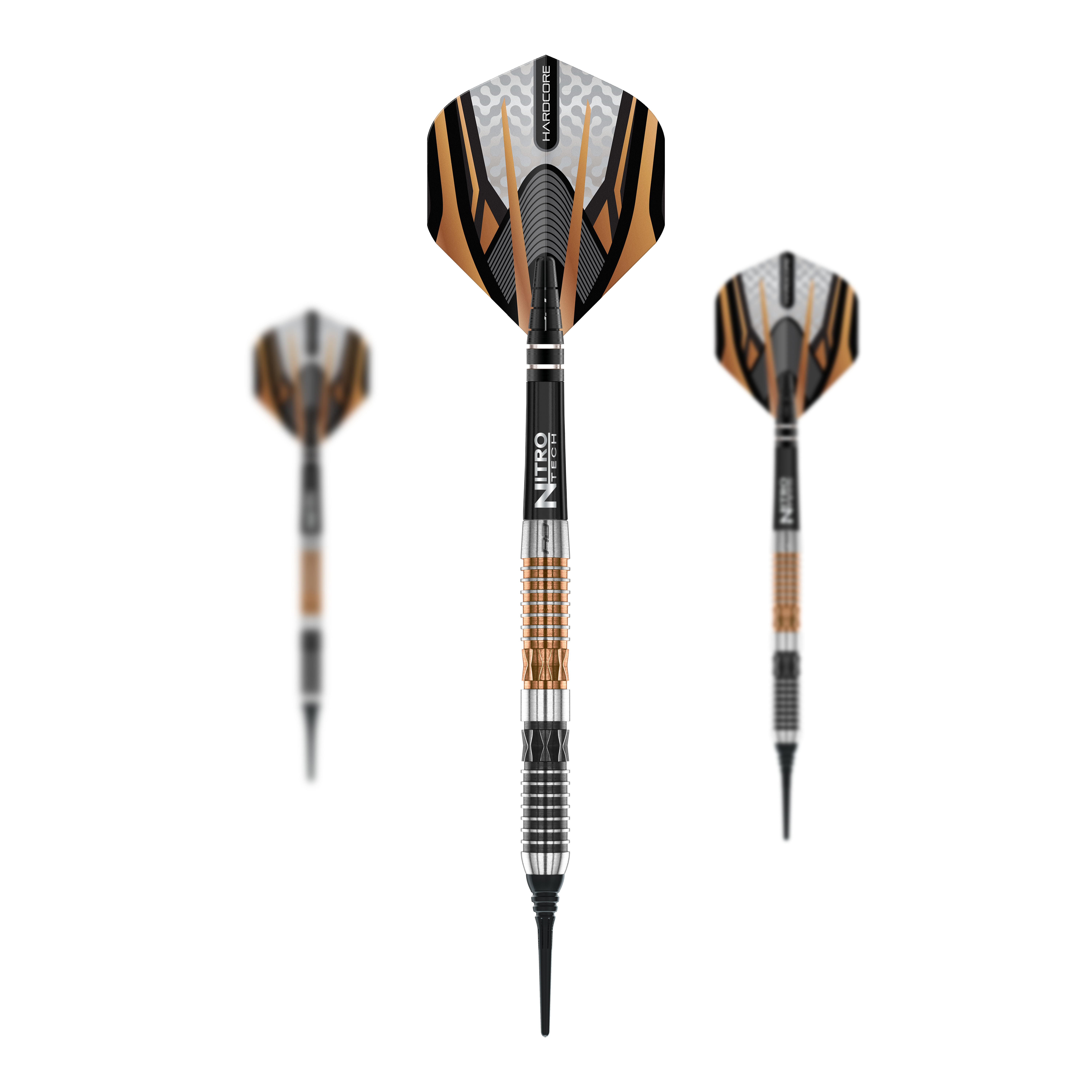 Fléchettes souples Red Dragon Panterra - 20 g Das Bild zeigt drei Softdarts des Modells 'Red Dragon Panterra Softdarts - 20g'. Die Darts haben auffällige schwarze, goldene und silberne Elemente am Schaft und an den Flights.