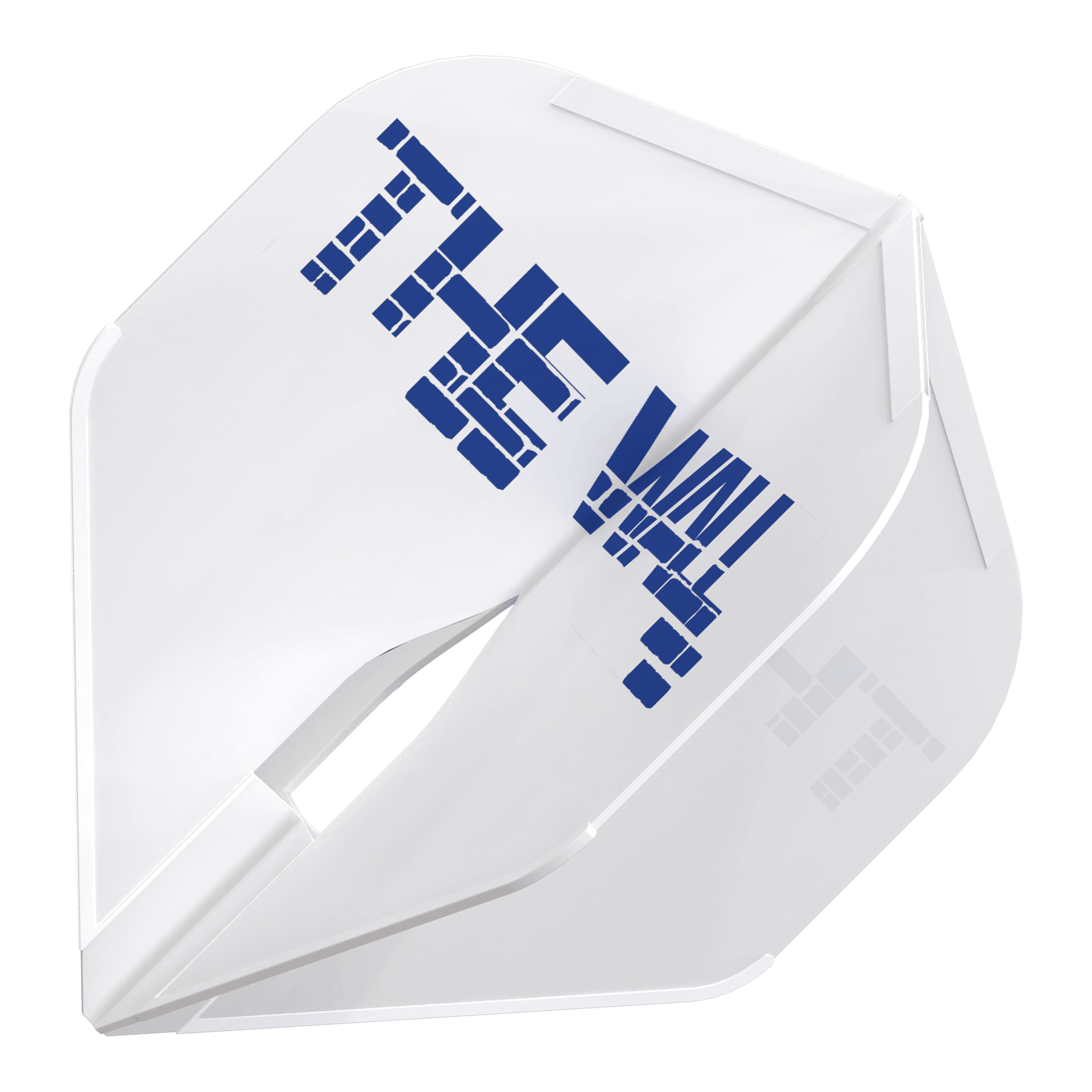 Vols L-Style Martin Schindler Blanc L1PRO Das Bild zeigt einen weißen Dartflight mit der Aufschrift "THE WALL" in blauer Farbe. Es handelt sich um das Produkt "L-Style Martin Schindler Weiß L1PRO Flights".