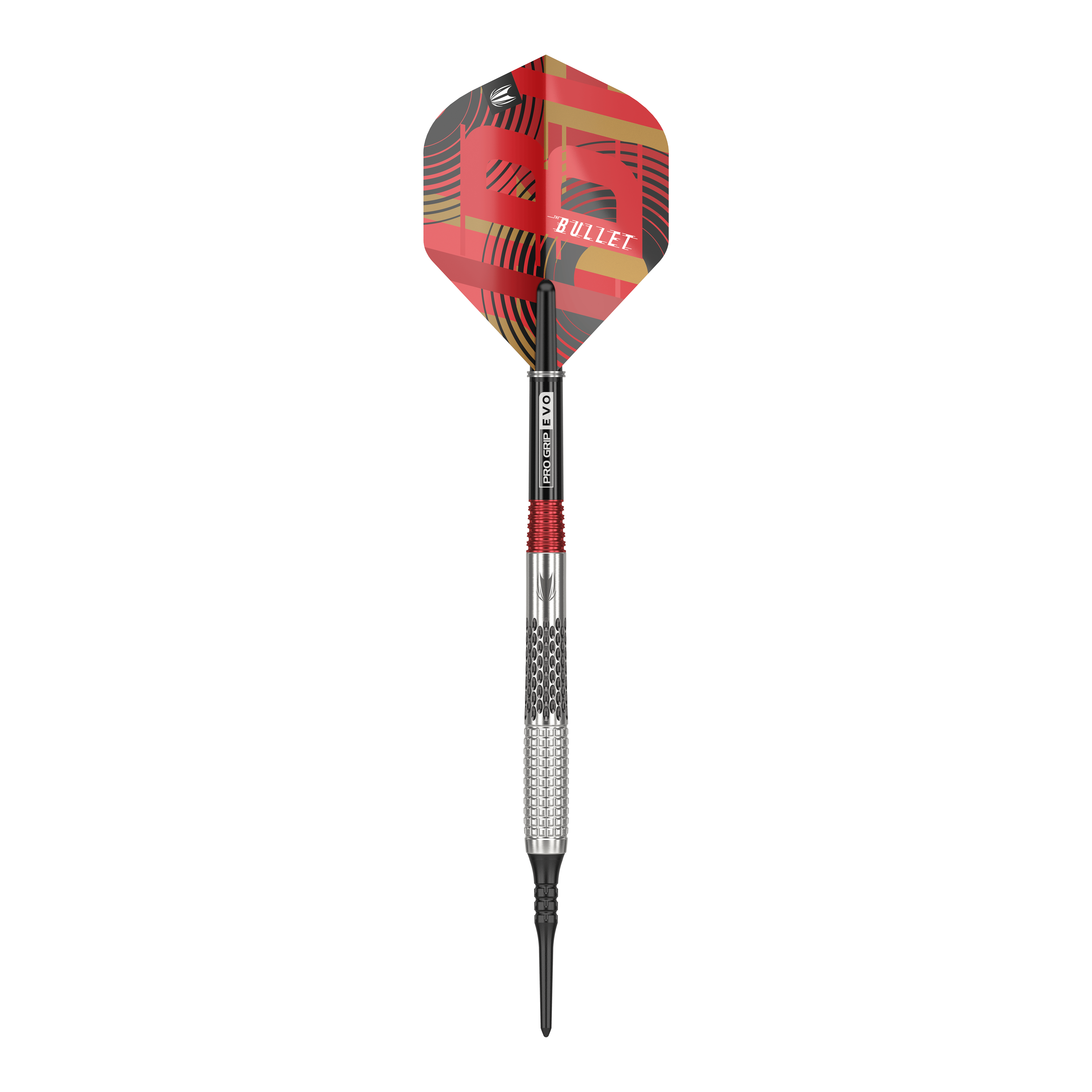 Fléchettes souples Target Stephen Bunting GEN5 - 18 g Auf dem Bild ist ein Softdart der Marke Target Stephen Bunting GEN5 mit einem Gewicht von 18 Gramm zu sehen. Der Dart hat ein auffälliges, rot-schwarzes Design mit der Aufschrift "BULLET" auf dem Flight.