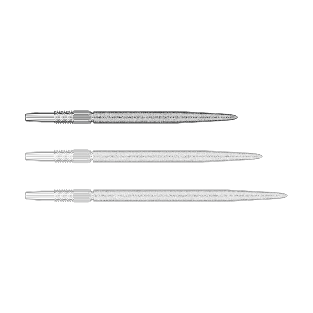 Pointes de fléchettes Target Swiss Point SLK - argent Das Bild zeigt drei silberne Dartspitzen in unterschiedlicher Ansicht. Sie sind schlank, lang und haben gerillte Abschnitte am oberen Ende.