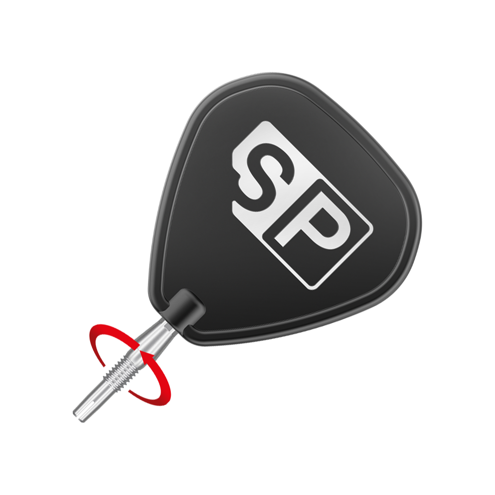 Pointes de fléchettes Target Swiss Storm Diamond Point - Argent Das Bild zeigt eine Dartspitze mit schwarzem SP-Werkzeug zum Einschrauben. Um die Spitze ist ein roter Pfeil zu sehen, der die Drehbewegung anzeigt.
