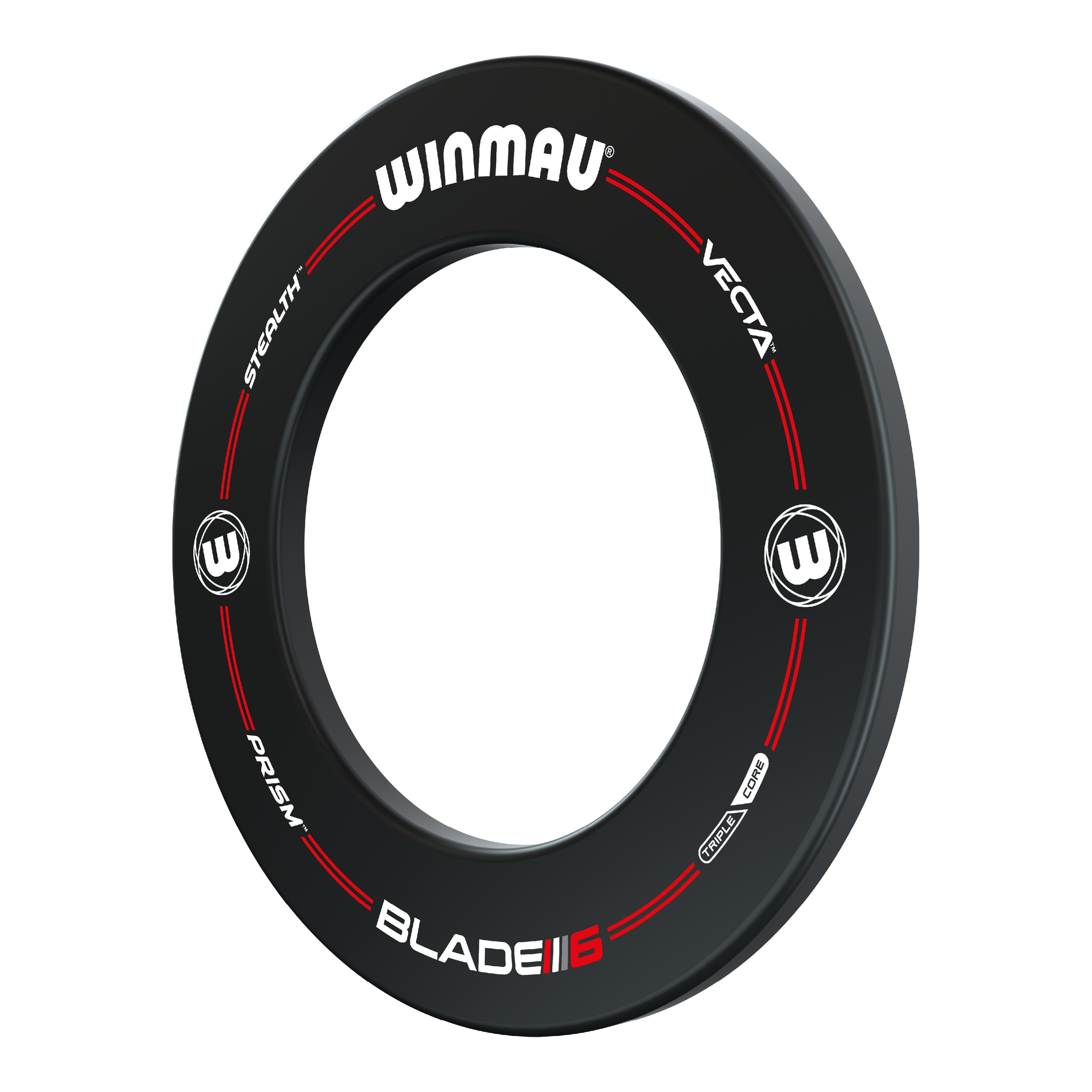 Winmau Pro-Line Blade 6 Dartboard Surround Das Bild zeigt das Produkt "Winmau Pro-Line Blade 6 Dartboard Surround". Es handelt sich um einen schwarzen Schutzring für eine Dartscheibe mit weißen und roten Aufdrucken.