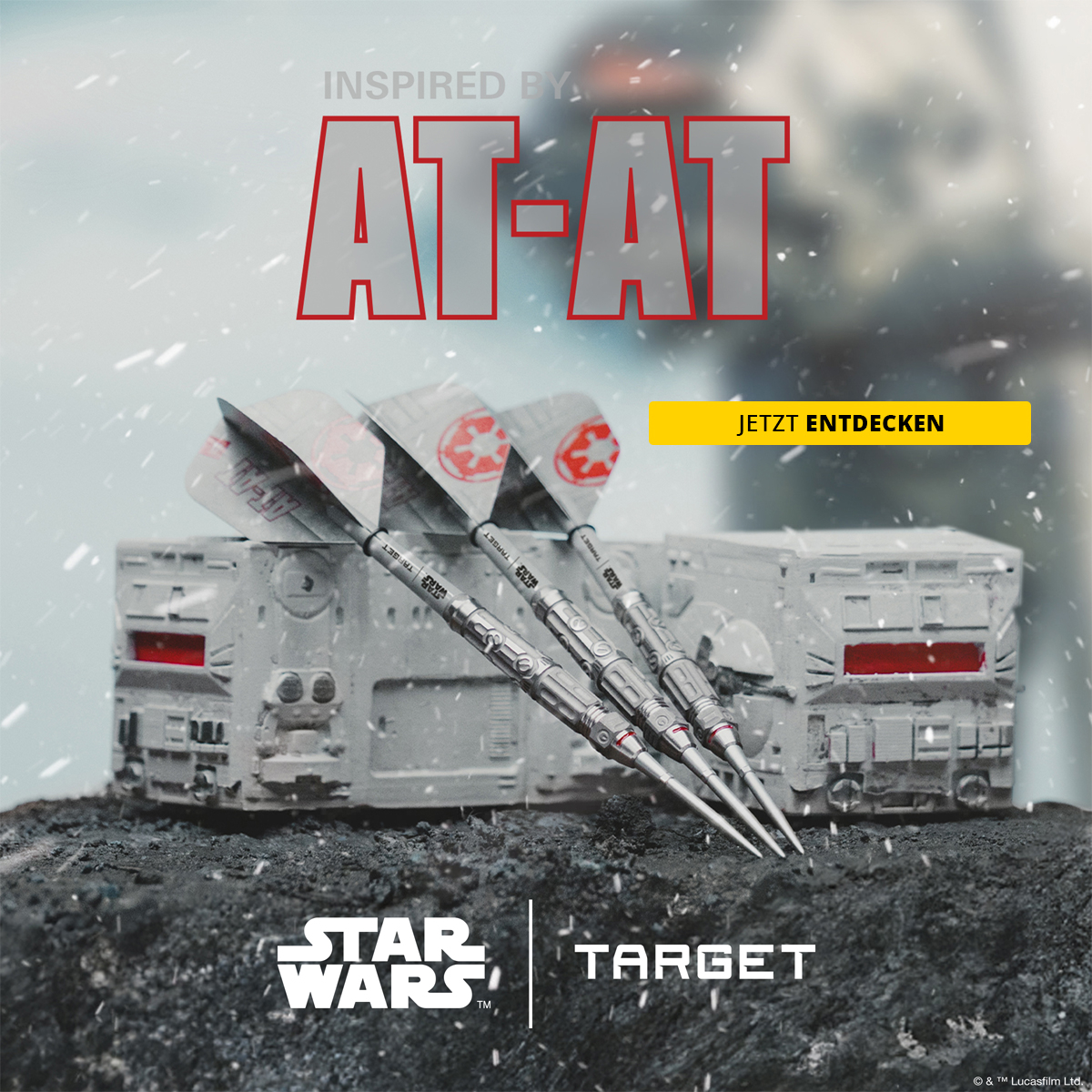 Das Bild zeigt eine Star Wars AT-AT Thematik mit Darts. Die Darstellung kombiniert Science-Fiction und Darts.