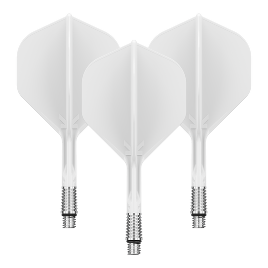 Abgebildet ist ein Set mit weißen Dart Flights. Die Flights haben eine geschätzte Länge von 26 mm.