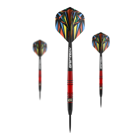Das Bild zeigt den GOAT Athlete Red Brass Steeldart mit einem Gewicht von 11g. Der Dart hat eine auffällige, bunte Flugfeder und einen roten Messingkörper.