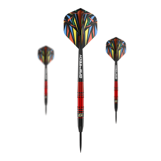 Fléchettes en acier GOAT Athlete en laiton rouge - 11 g Das Bild zeigt den GOAT Athlete Red Brass Steeldart mit einem Gewicht von 11g. Der Dart hat eine auffällige, bunte Flugfeder und einen roten Messingkörper.