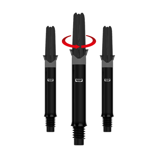 Arbres en L Silent Straight - Noir Das Bild zeigt drei schwarze Dartshafts ohne Kappen. Über dem mittleren Shaft befindet sich ein roter Pfeil, der eine Drehbewegung anzeigt.