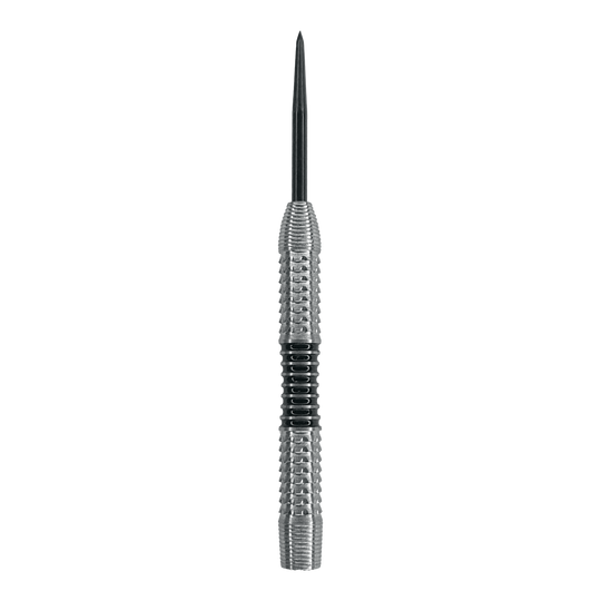 Corps de fléchettes en acier McDart Black Stripe 2 - 22 g Das Bild zeigt einen silbernen Steeldart-Barrel mit einer schwarzen Griffzone in der Mitte. Es handelt sich um das Produkt "McDart Black Stripe 2 Steeldart-Barrels - 22g".
