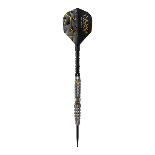 Fléchettes en acier Harrows Opus Das Bild zeigt einen Harrows Opus Steeldart. Der Dartpfeil ist schwarz mit silbernen und goldenen Akzenten und hat eine strukturierte Oberfläche.