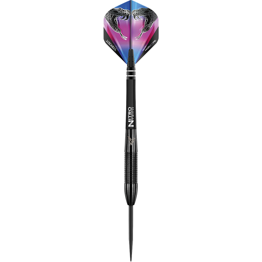 RD1383-RedDragon-Peter-Wright-Snakebite-3-Black-Player-Darts-1HKKOkNC7ssAbS Das Bild zeigt einen schwarzen Steeldart mit der Aufschrift "NITRO TECH" auf dem Schaft. Auf dem Dartflight sind zwei Schlangenköpfe abgebildet.
