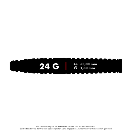 Target Japan Paul Lim The Legend GEN8 Swiss Point Steeldarts - 24 g Das Bild zeigt die Produktinformationen für "Target Japan Paul Lim The Legend GEN8 Swiss Point Steeldarts - 24g". Die Darts wiegen 24 Gramm, sind 50,00 mm lang und haben einen Durchmesser von 7,30 mm.