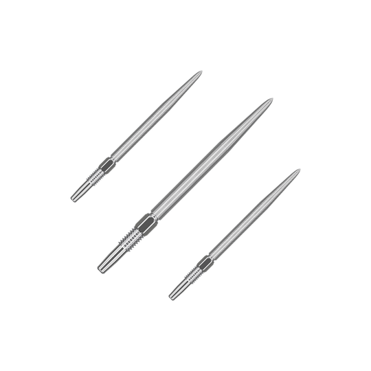 Pointes de fléchettes Target Swiss Point Nano - Argent Das Bild zeigt drei silberne Dartspitzen in einer Reihe. Jede Spitze ist schlank und hat ein feines Gewinde am unteren Ende.
