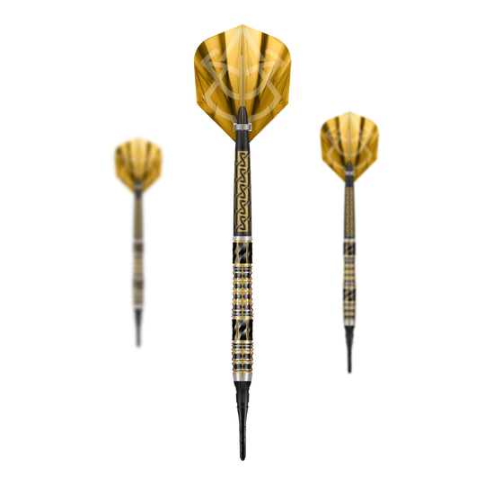 Fléchettes en mousse Shot Alchemy Auro - 20 g Abgebildet sind die Shot Alchemy Auro Softdarts mit 20g Gewicht. Der Fokus liegt auf dem Design und der Verarbeitung der Softdarts.