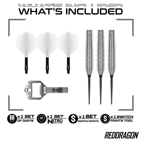 Zu sehen sind die Red Dragon Luke Humphries TX1 Pioneer Switch Point Steeldarts. Das Produkt eignet sich für professionelle Dartspieler.