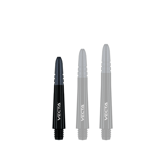 7025-101_Winmau_Vecta_Shafts_Schwarz_34mm_1 Auf dem Bild sind drei schwarze Dartschäfte in unterschiedlichen Längen zu sehen. Auf jedem Schaft steht das Wort "VECTA" in weißer Schrift.