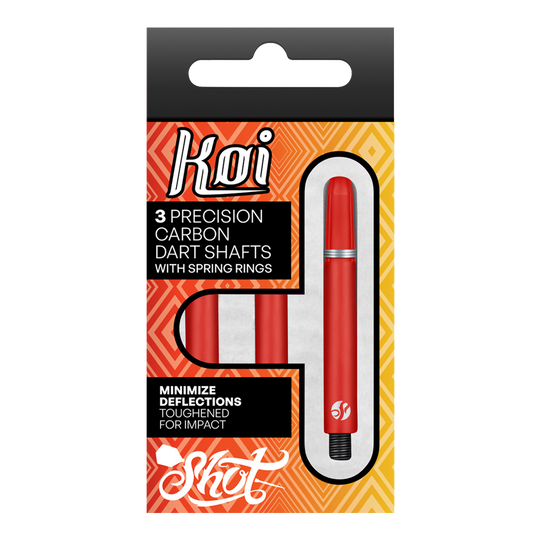 Die Verpackung zeigt drei präzise Koi Carbon-Dartschäfte in Rot. Sie sind für minimale Ablenkung und hohe Schlagfestigkeit ausgelegt.
