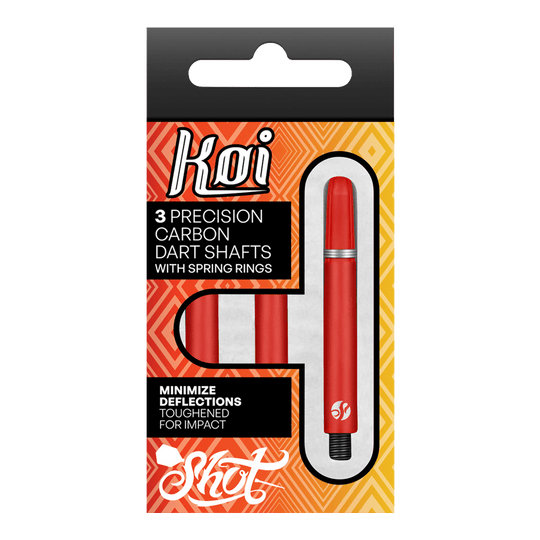 Tiges en carbone Shot Koi - Rouge Die Verpackung zeigt drei präzise Koi Carbon-Dartschäfte in Rot. Sie sind für minimale Ablenkung und hohe Schlagfestigkeit ausgelegt.